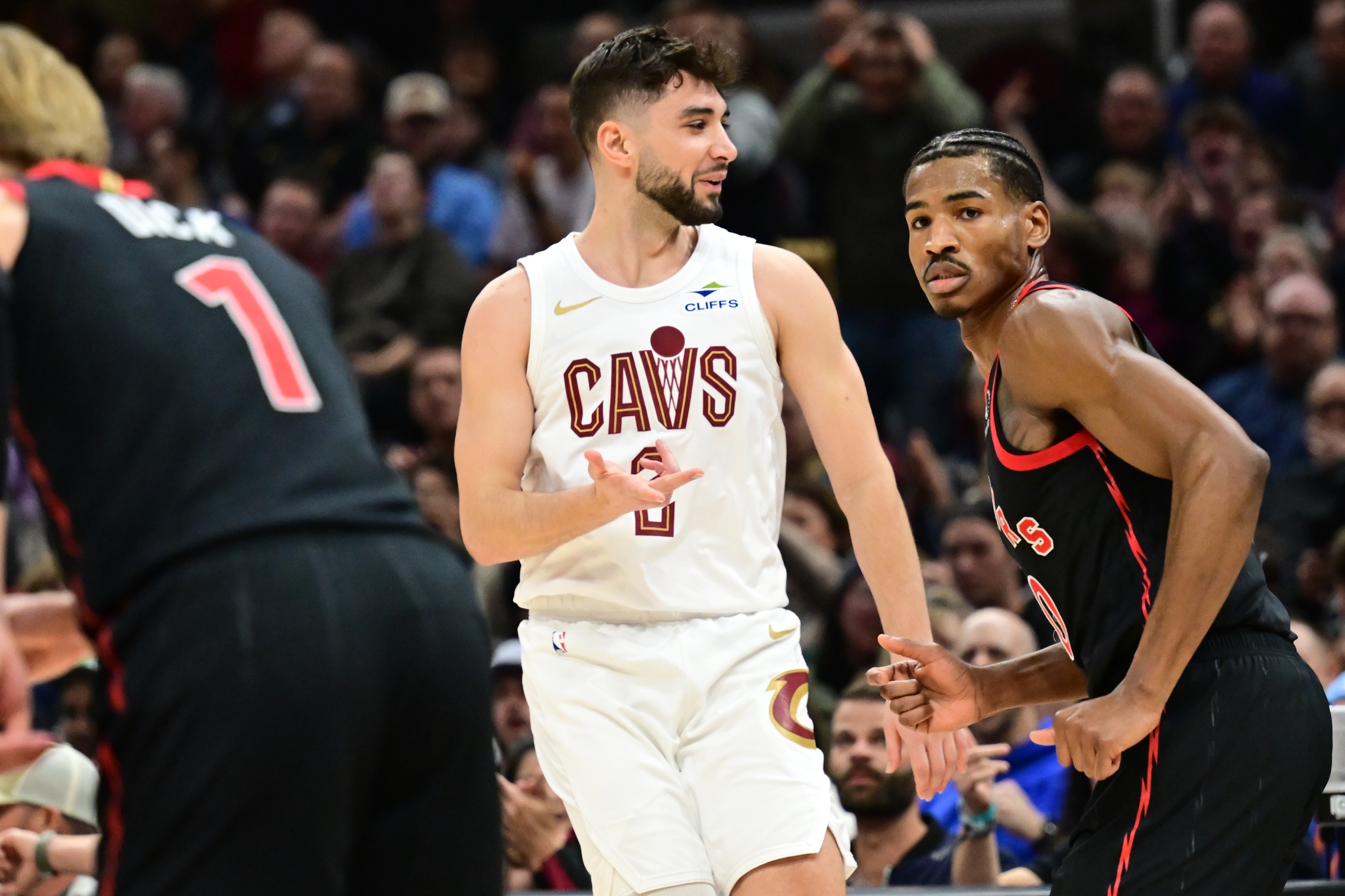 Nov 24, 2024; Cleveland, Ohio, USA; Cleveland Cavaliers guard Ty Jerome (2) celebrates after hitting a three point basket during the first half against the Toronto Raptors at Rocket Mortgage FieldHouse