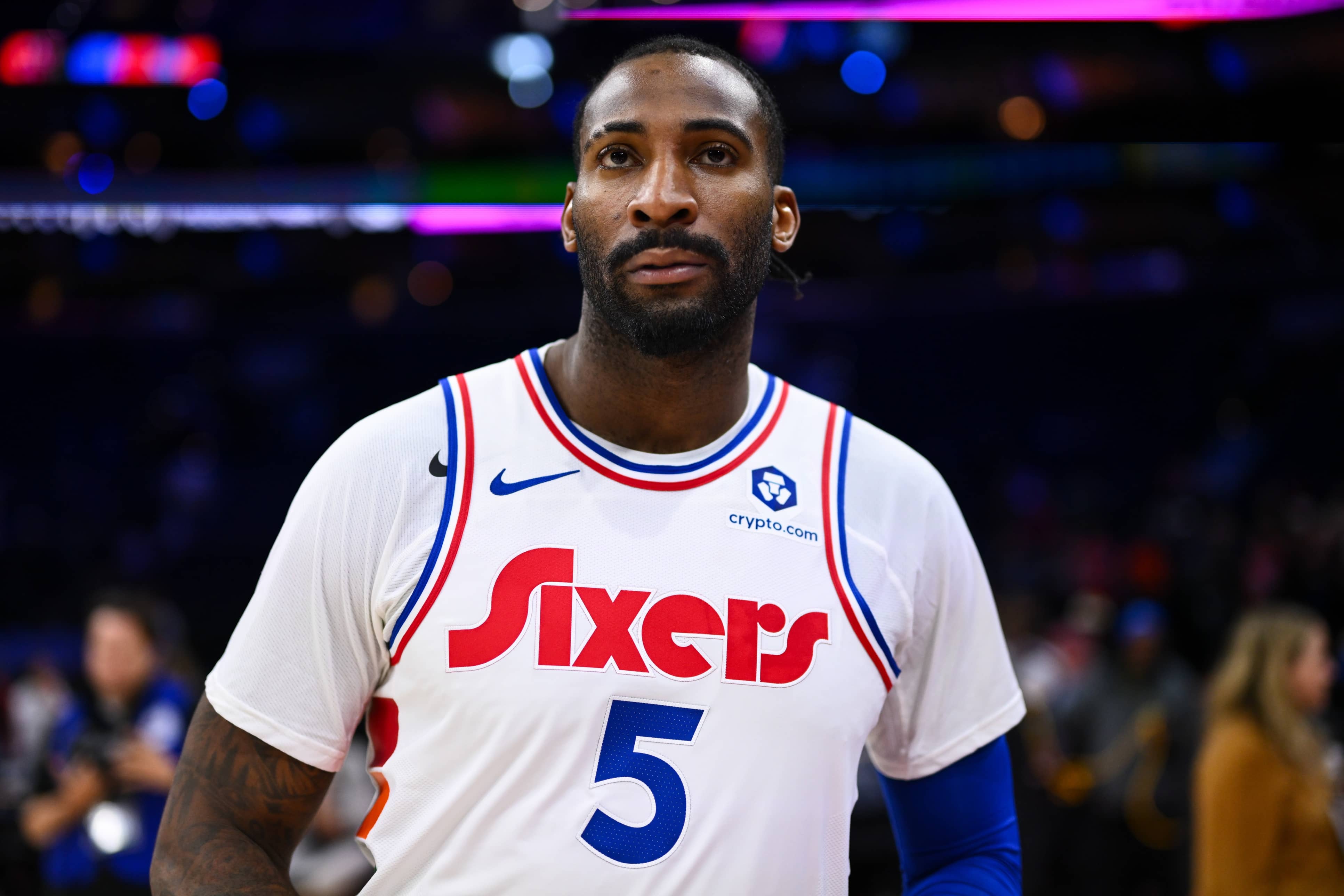 Nov 24, 2024; Philadelphia, Pennsylvania, USA; Philadelphia 76ers center Andre Drummond (5) looks on after the game against the Los Angeles Clippers at Wells Fargo Center. Mandatory Credit: Kyle Ross-Imagn Images