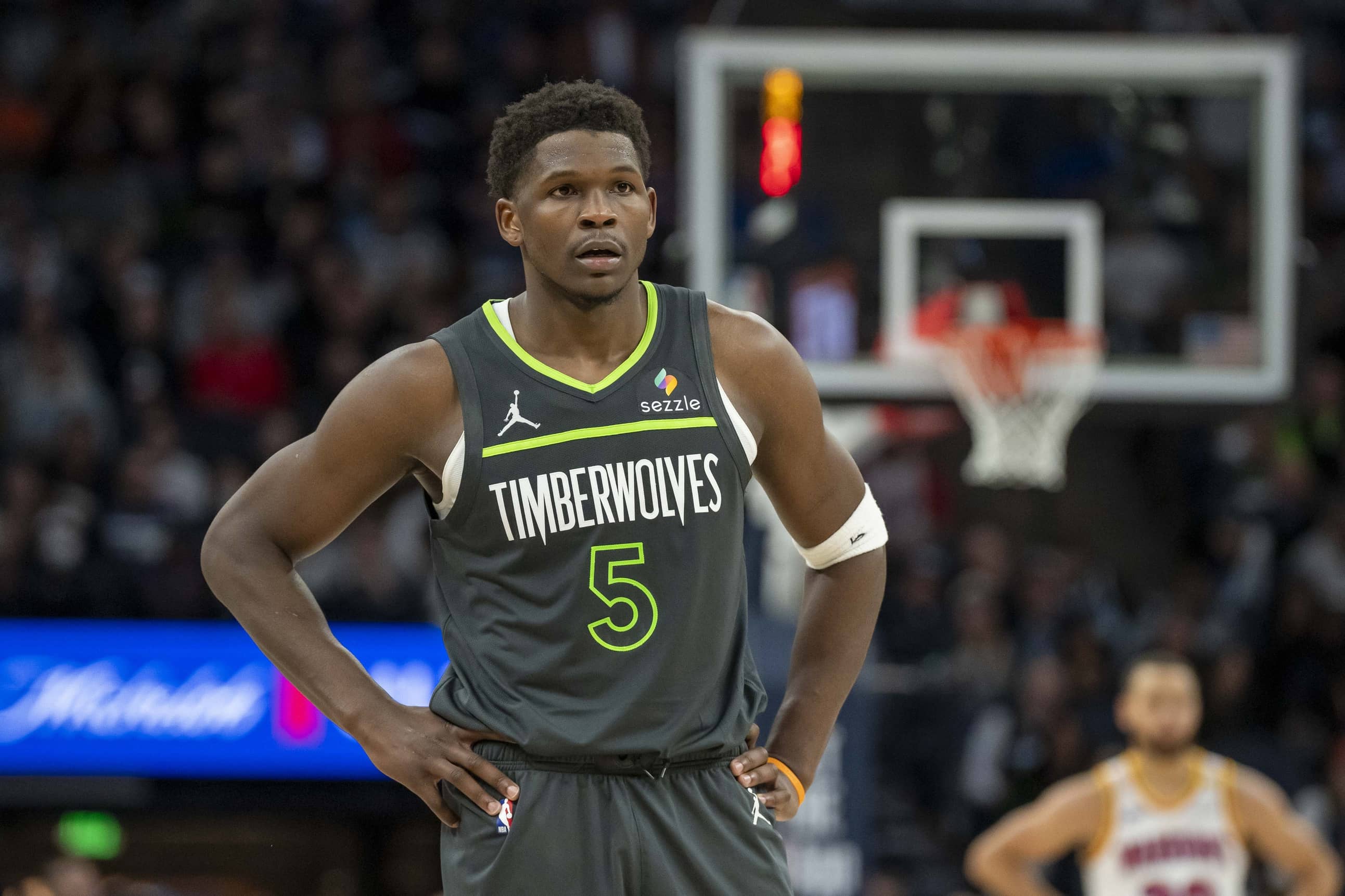 Jan 15, 2025; Minneapolis, Minnesota, USA; Minnesota Timberwolves guard Anthony Edwards (5) looks on against the Golden State Warriors in the second half at Target Center. Mandatory Credit: Jesse Johnson-Imagn Images
