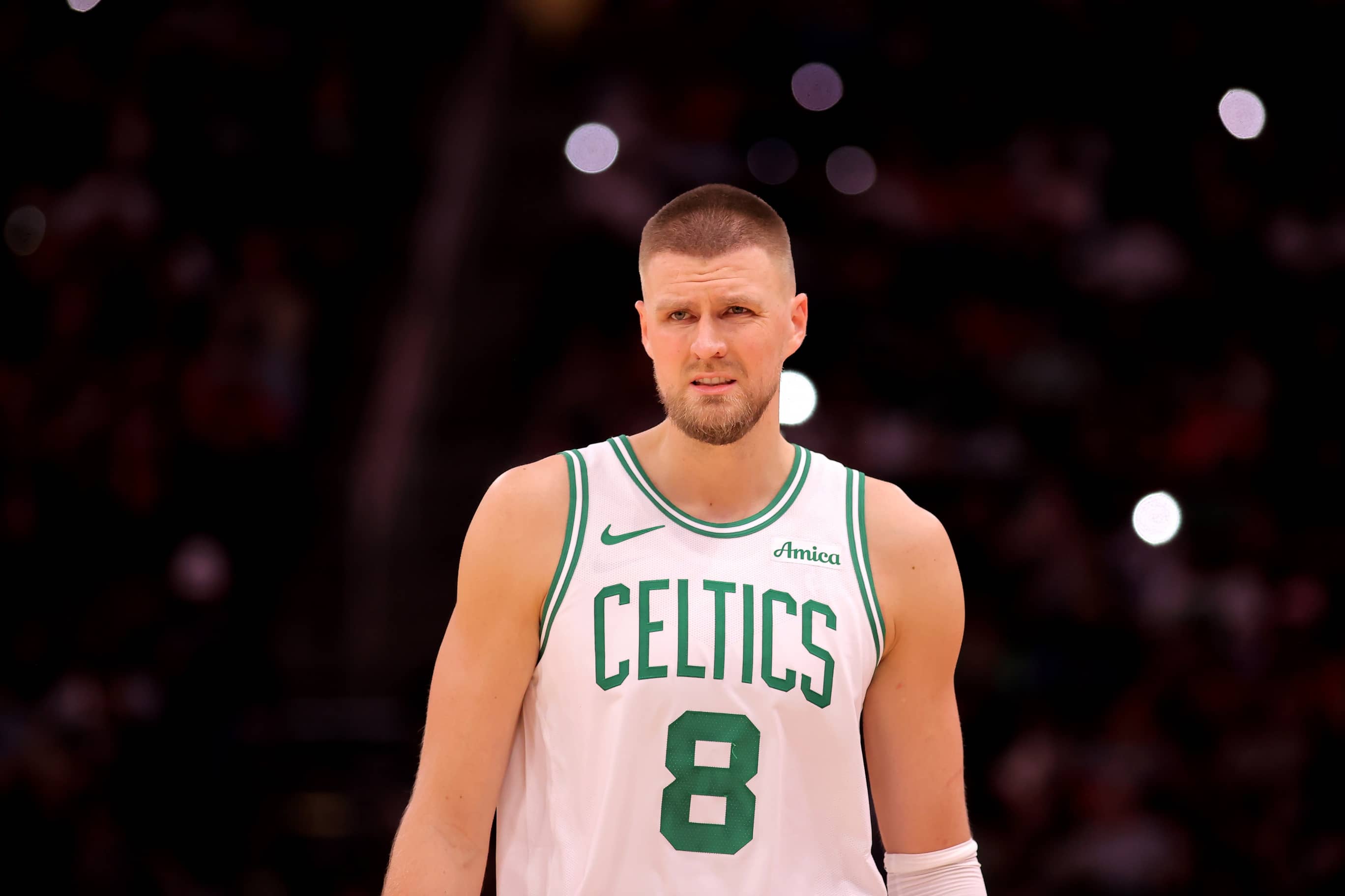 Boston Celtics center Kristaps Porzingis (8) against the Houston Rockets during the fourth quarter at Toyota Center.