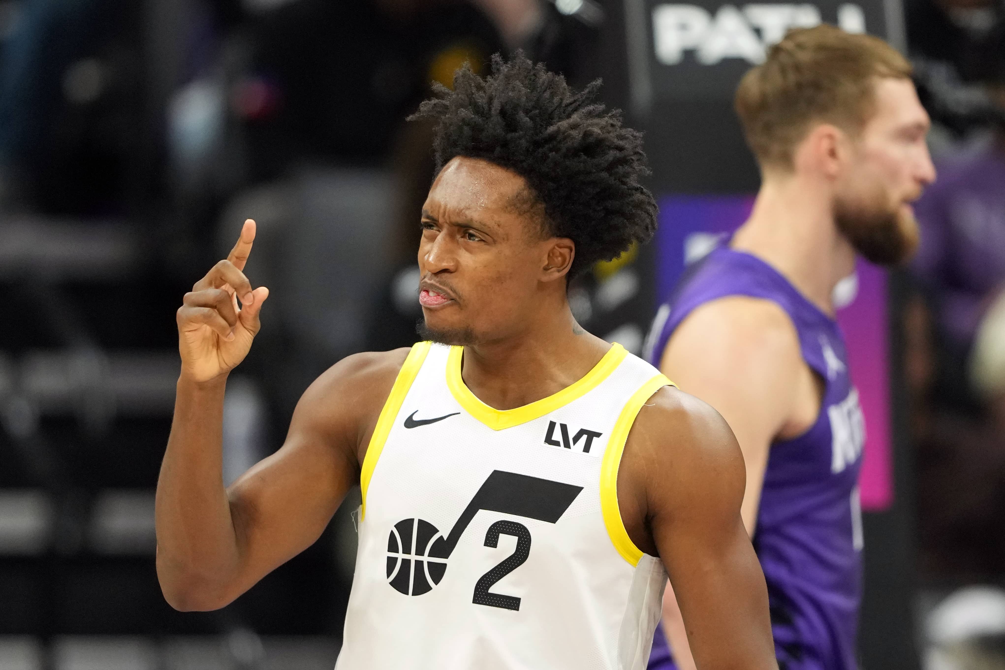 Sacramento, California, USA; Utah Jazz guard Collin Sexton (2) gestures during the second quarter against the Sacramento Kings at Golden 1 Center. Mandatory Credit: Darren Yamashita-Imagn Images