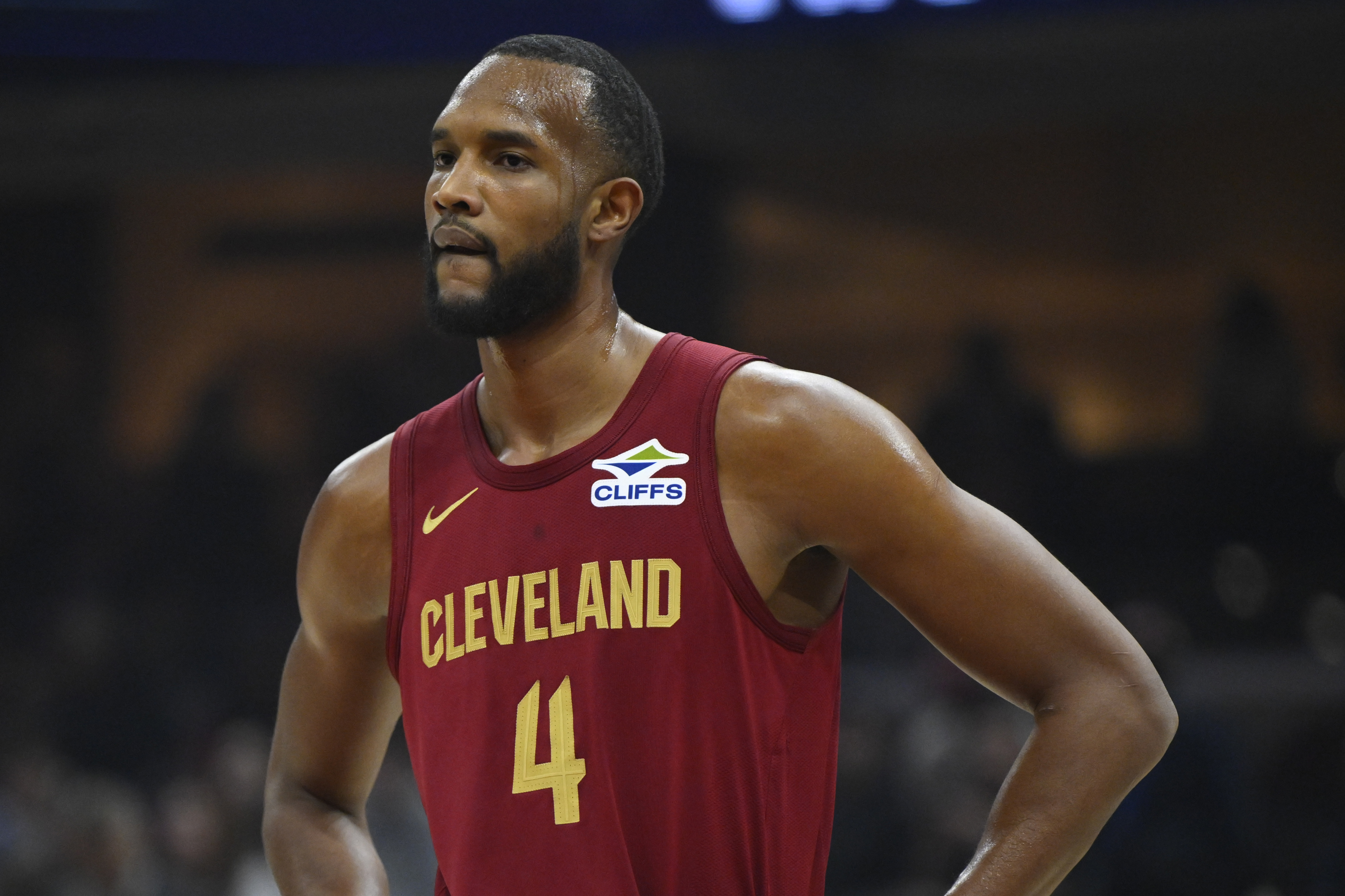 Jan 9, 2025; Cleveland, Ohio, USA; Cleveland Cavaliers forward Evan Mobley (4) stands on the court in the first quarter against the Toronto Raptors at Rocket Mortgage FieldHouse. Mandatory Credit: David Richard-Imagn Images