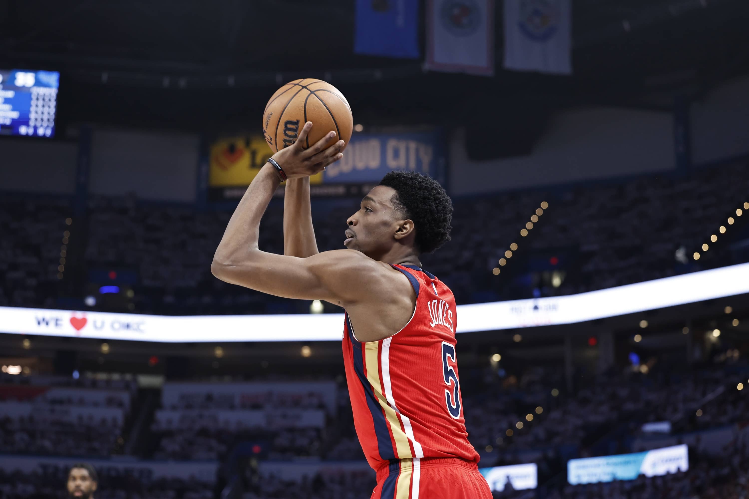 Apr 24, 2024; Oklahoma City, Oklahoma, USA; New Orleans Pelicans forward Herbert Jones (5) shoots a three-point basket against the Oklahoma City Thunder during the second quarter of game two of the first round for the 2024 NBA playoffs at Paycom Center. Mandatory Credit: Alonzo Adams-Imagn Images  