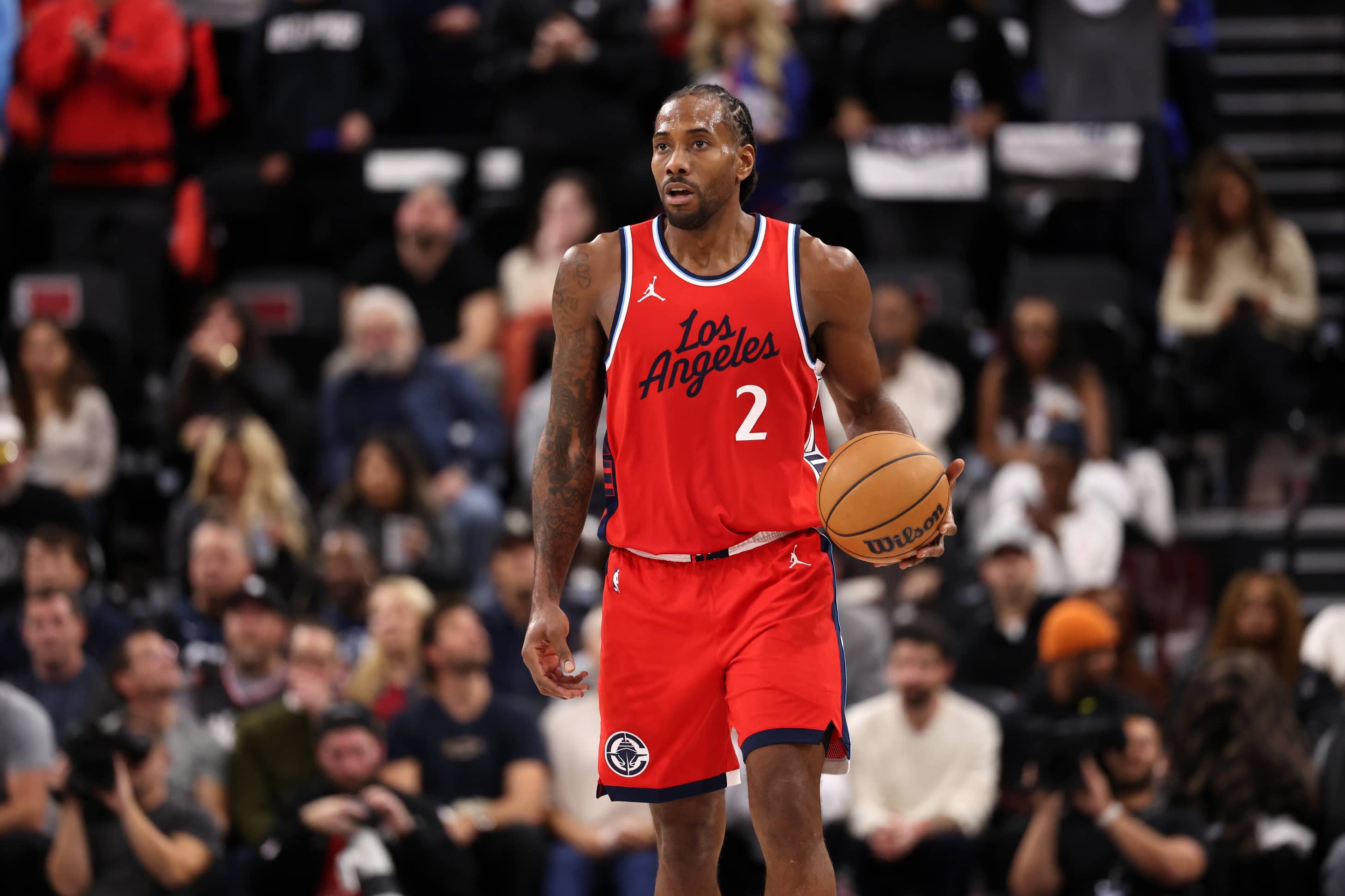Los Angeles Clippers forward Kawhi Leonard (2) dribbles the ball against the Atlanta Hawks during the second quarter at Intuit Dome.