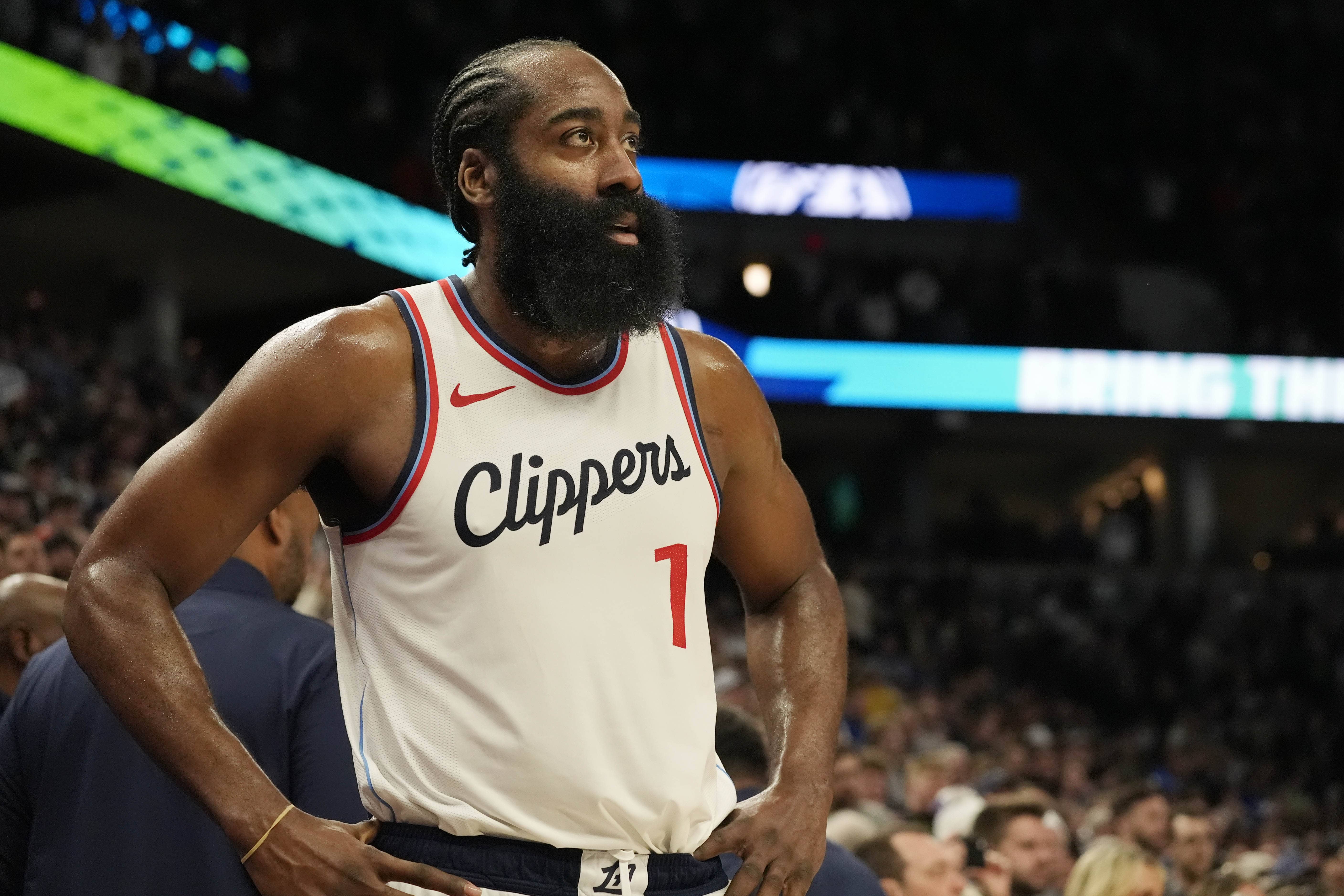 Minneapolis, Minnesota, USA; Los Angeles Clippers guard James Harden (1) prepares to play against the Minnesota Timberwolves in the remaining seconds of the fourth quarter at Target Center. Mandatory Credit: Bruce Kluckhohn-Imagn Images