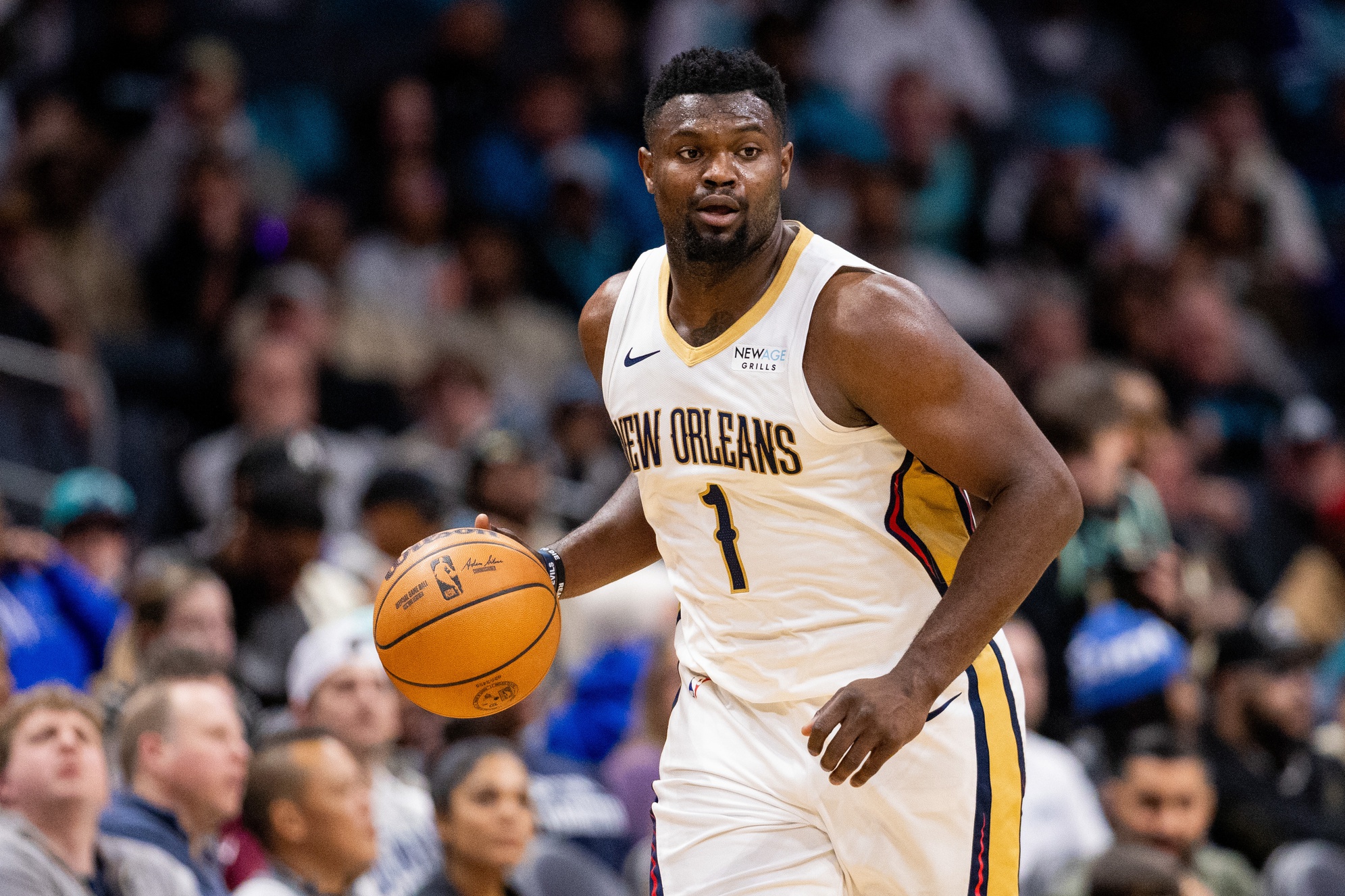New Orleans Pelicans forward Zion Williamson (1) brings the ball up court against the Charlotte Hornets during the fourth quarter at Spectrum Center. Mandatory Credit: Scott Kinser-Imagn Images