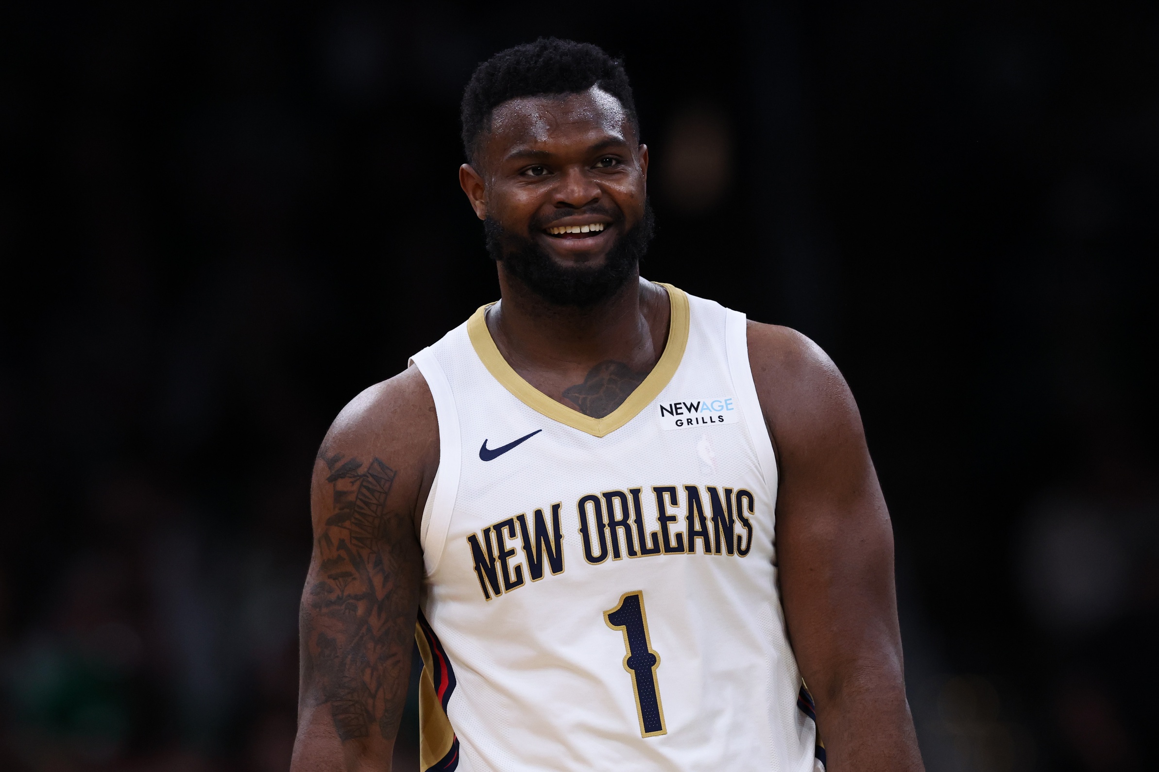 New Orleans Pelicans forward Zion Williamson (1) reacts during the second half against the Boston Celtics at TD Garden. Mandatory Credit: Paul Rutherford-Imagn Images