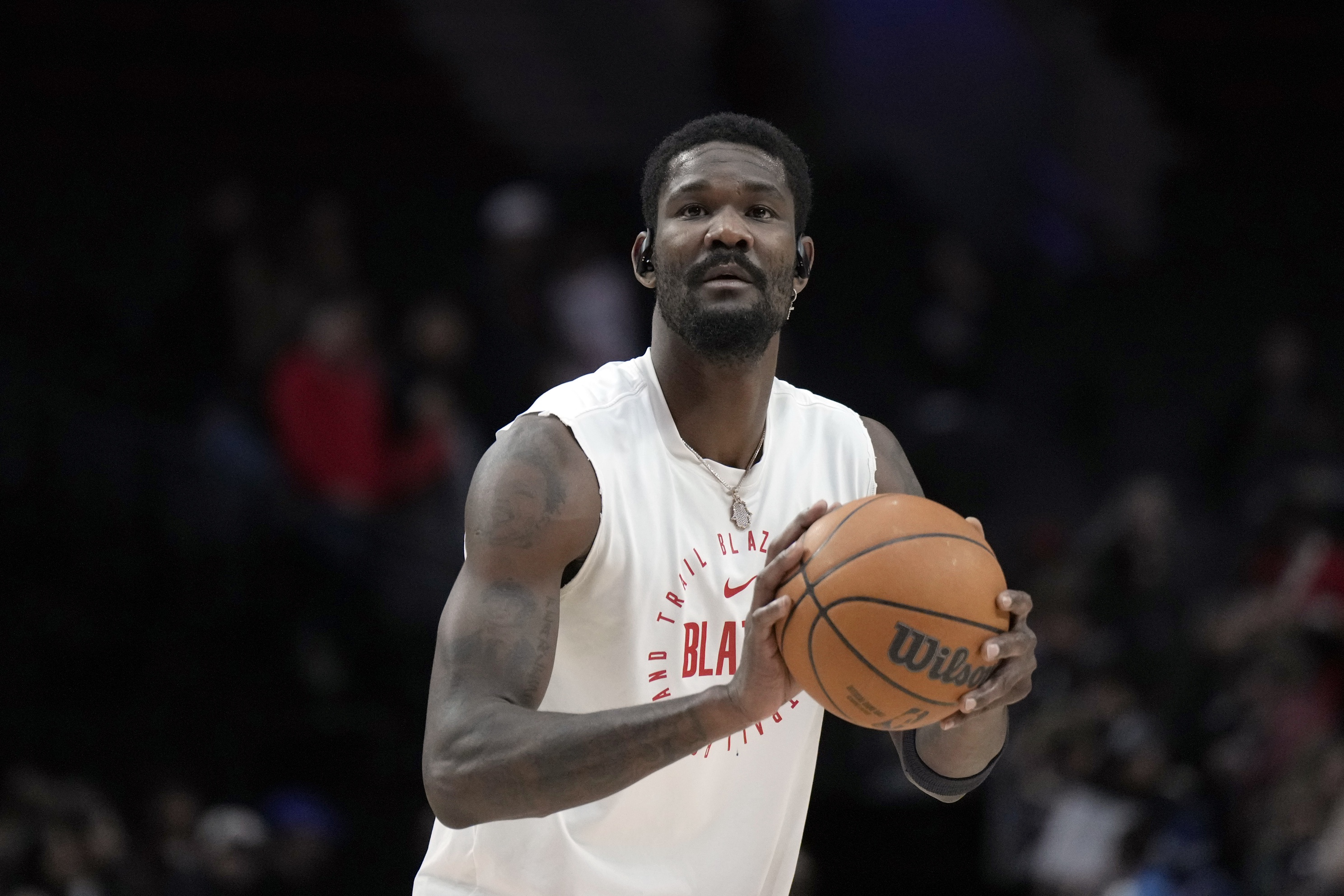 Portland Trail Blazers center Deandre Ayton (2) warms up before the game against the Philadelphia 76ers at Moda Center. Mandatory Credit: Soobum Im-Imagn Images