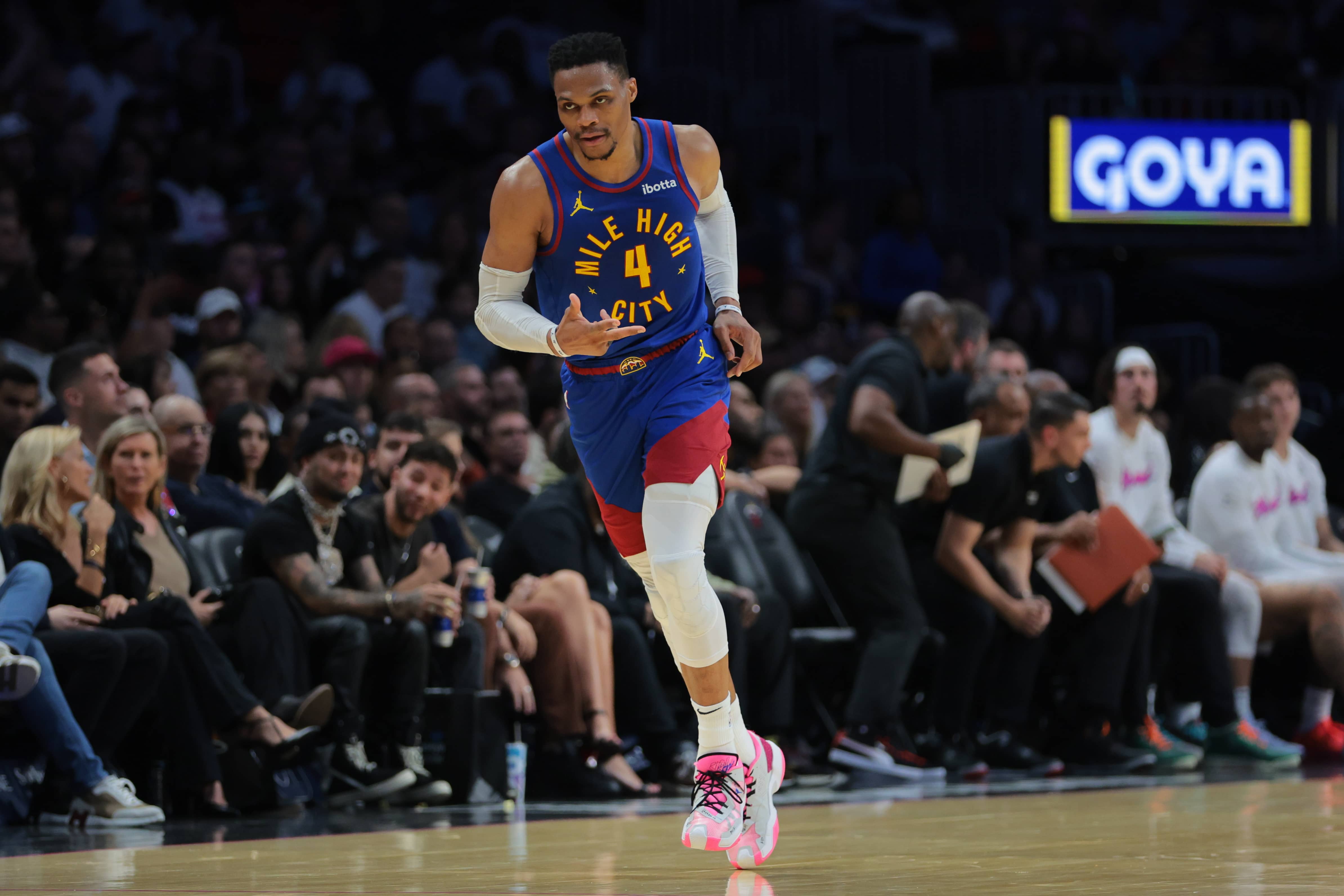 Miami, Florida, USA; Denver Nuggets guard Russell Westbrook (4) reacts after scoring against the Miami Heat during the third quarter at Kaseya Center. Mandatory Credit: Sam Navarro-Imagn Images