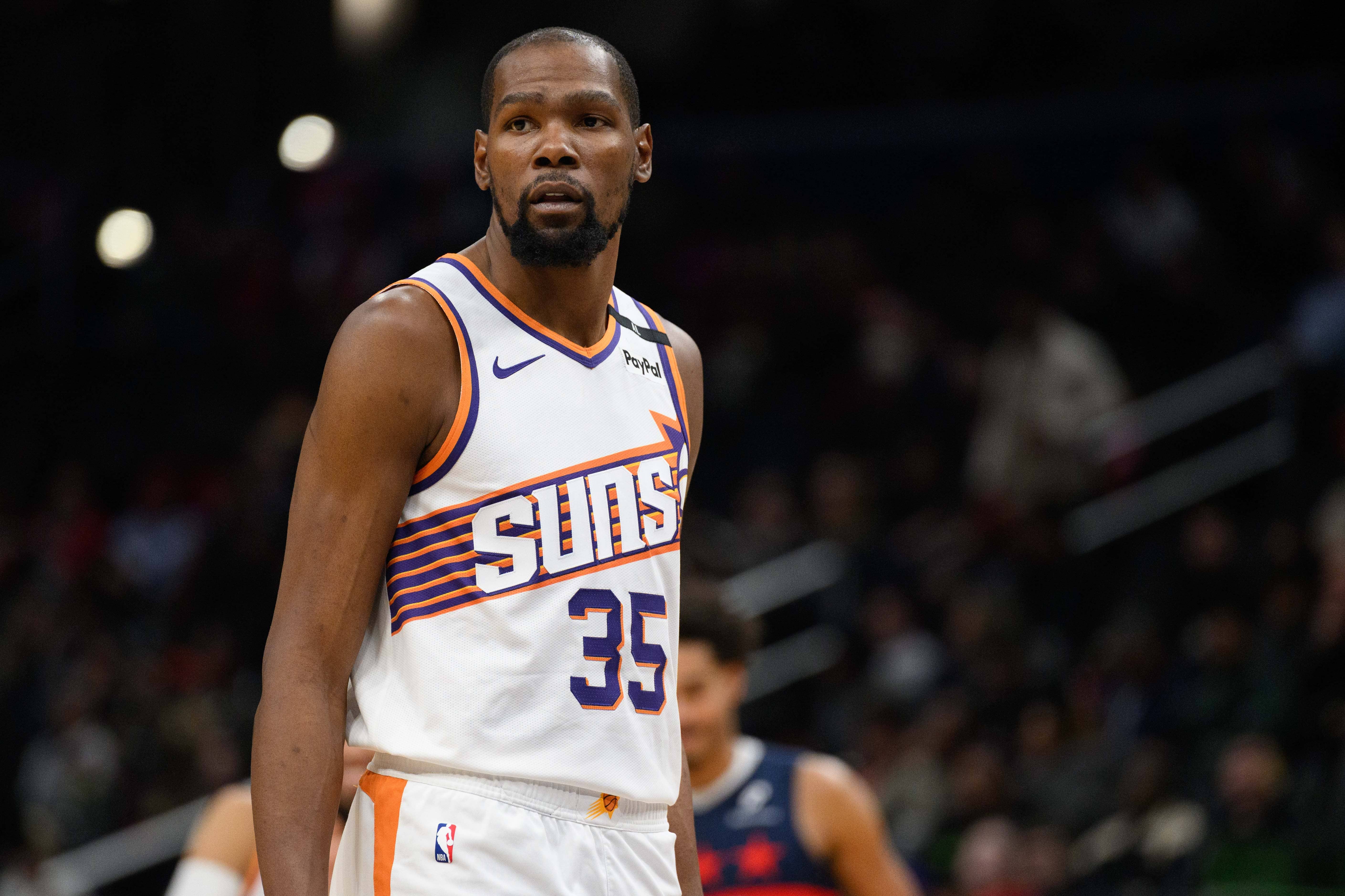 Phoenix Suns forward Kevin Durant (35) looks on during the first quarter against the Washington Wizards at Capital One Arena.