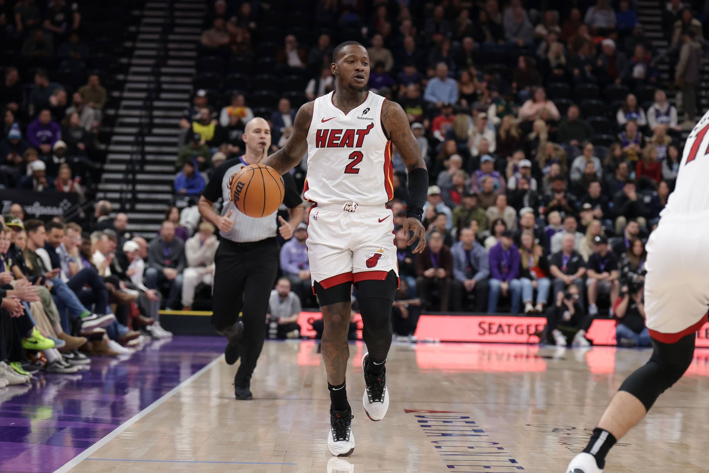 Miami Heat guard Terry Rozier (2) controls the ball during the first quarter against the Utah Jazz at Delta Center.
