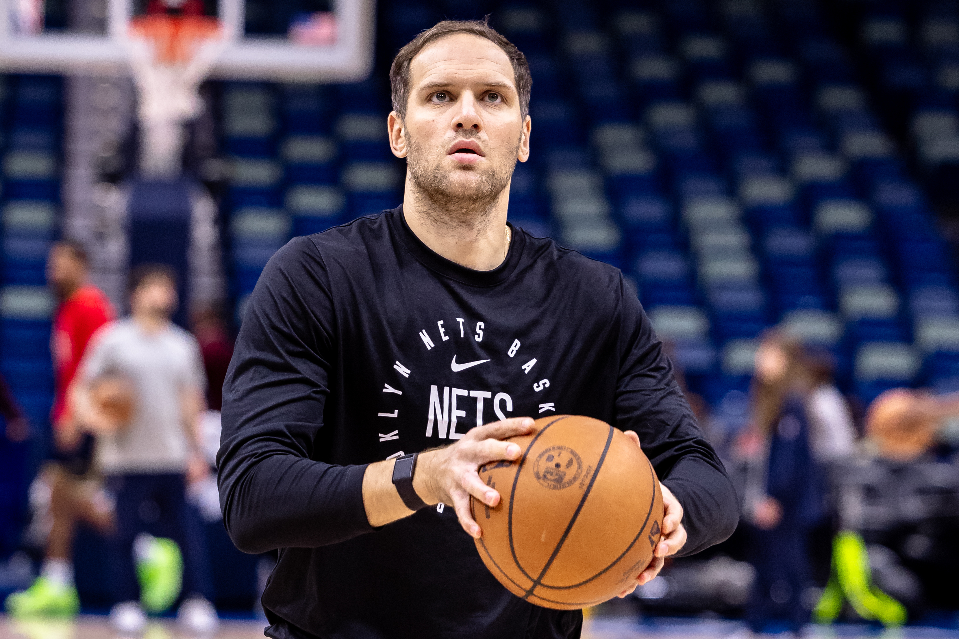 Nov 11, 2024; New Orleans, Louisiana, USA; Brooklyn Nets forward Bojan Bogdanovic (44) warms up before the game against the New Orleans Pelicans at Smoothie King Center. Mandatory Credit: Stephen Lew-Imagn Images  