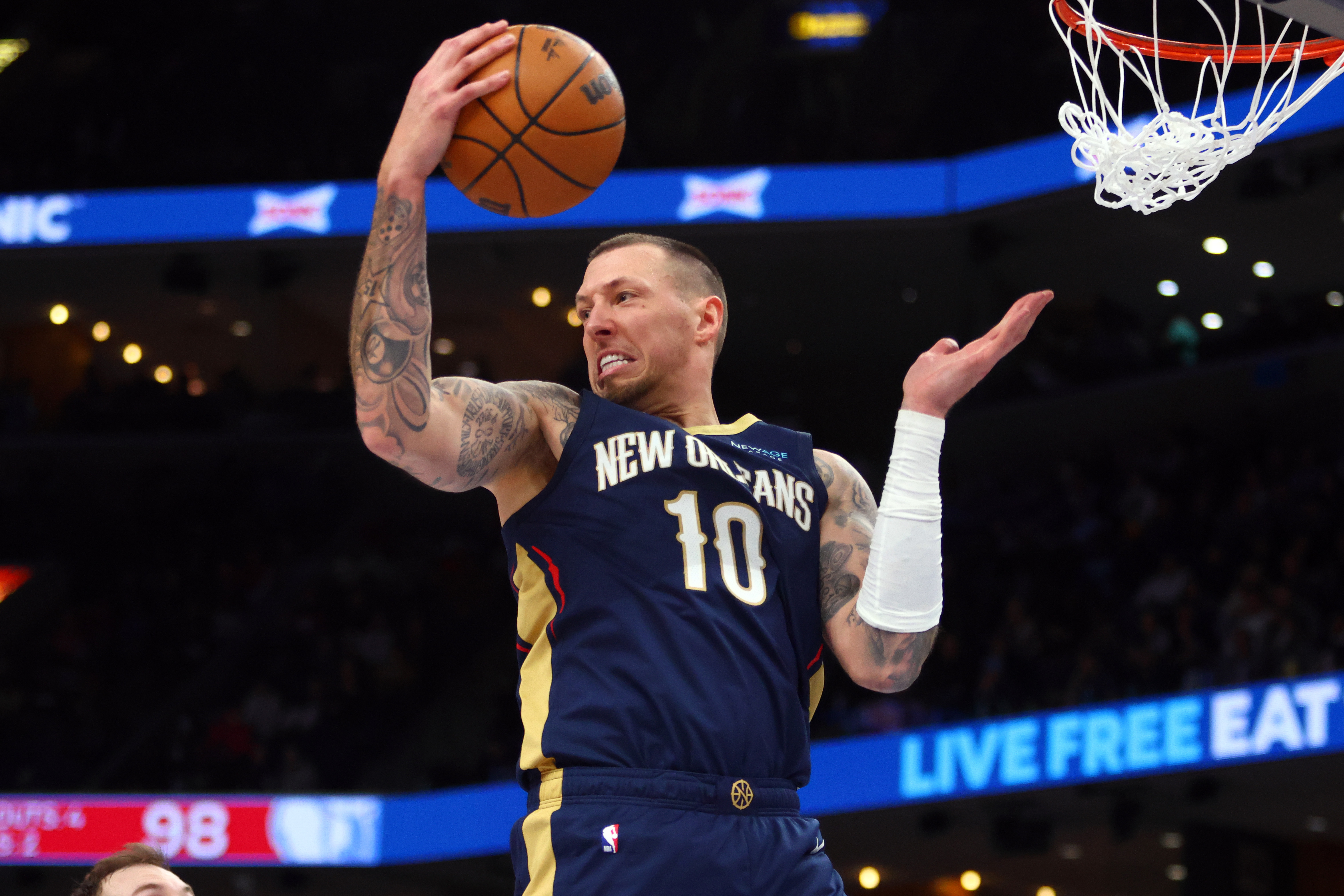 Jan 24, 2025; Memphis, Tennessee, USA; New Orleans Pelicans center Daniel Theis (10) rebounds the ball during the third quarter against the Memphis Grizzlies at FedExForum. Mandatory Credit: Petre Thomas-Imagn Images  