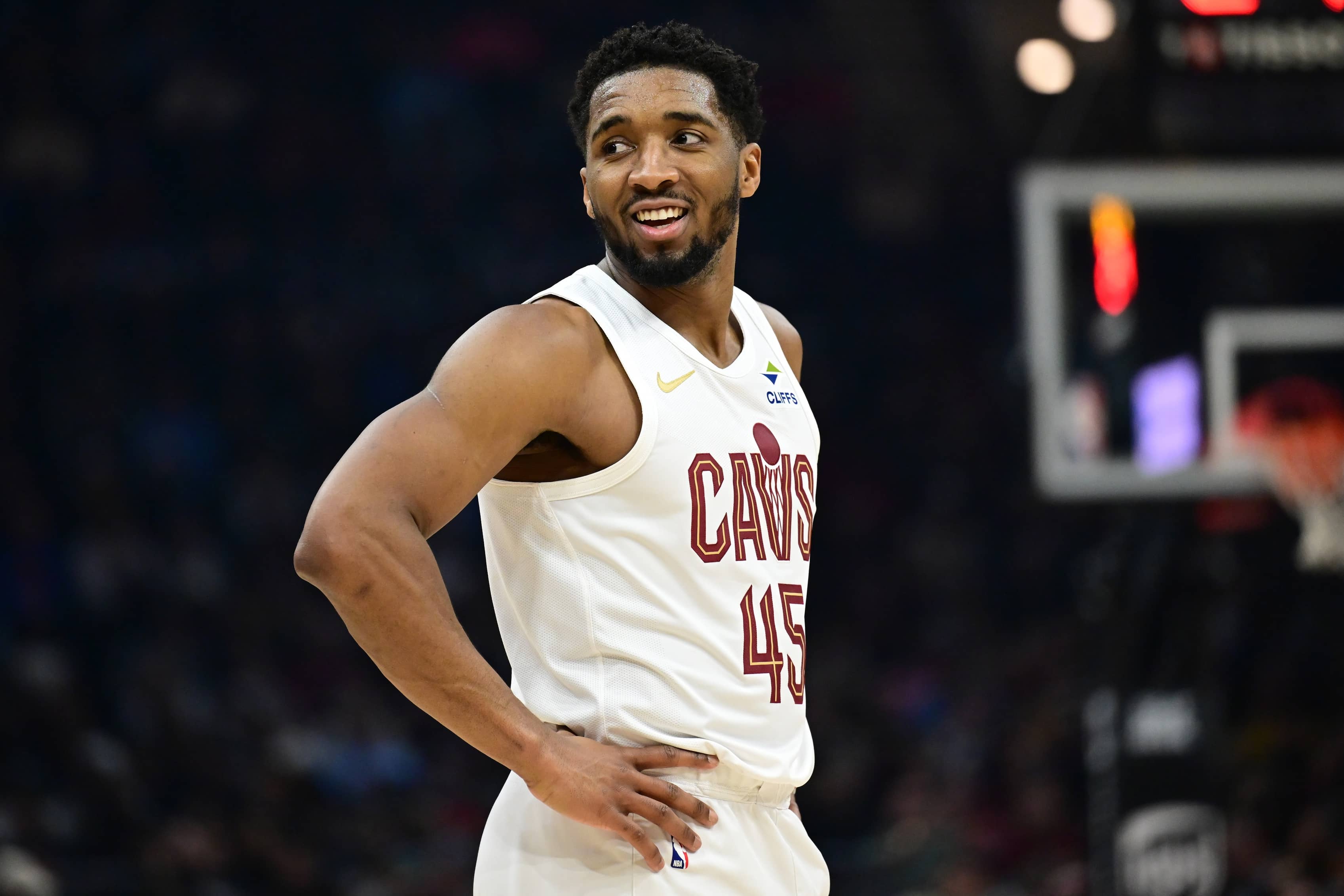 Cleveland Cavaliers guard Donovan Mitchell (45) reacts during the first half against the Dallas Mavericks at Rocket Mortgage FieldHouse.