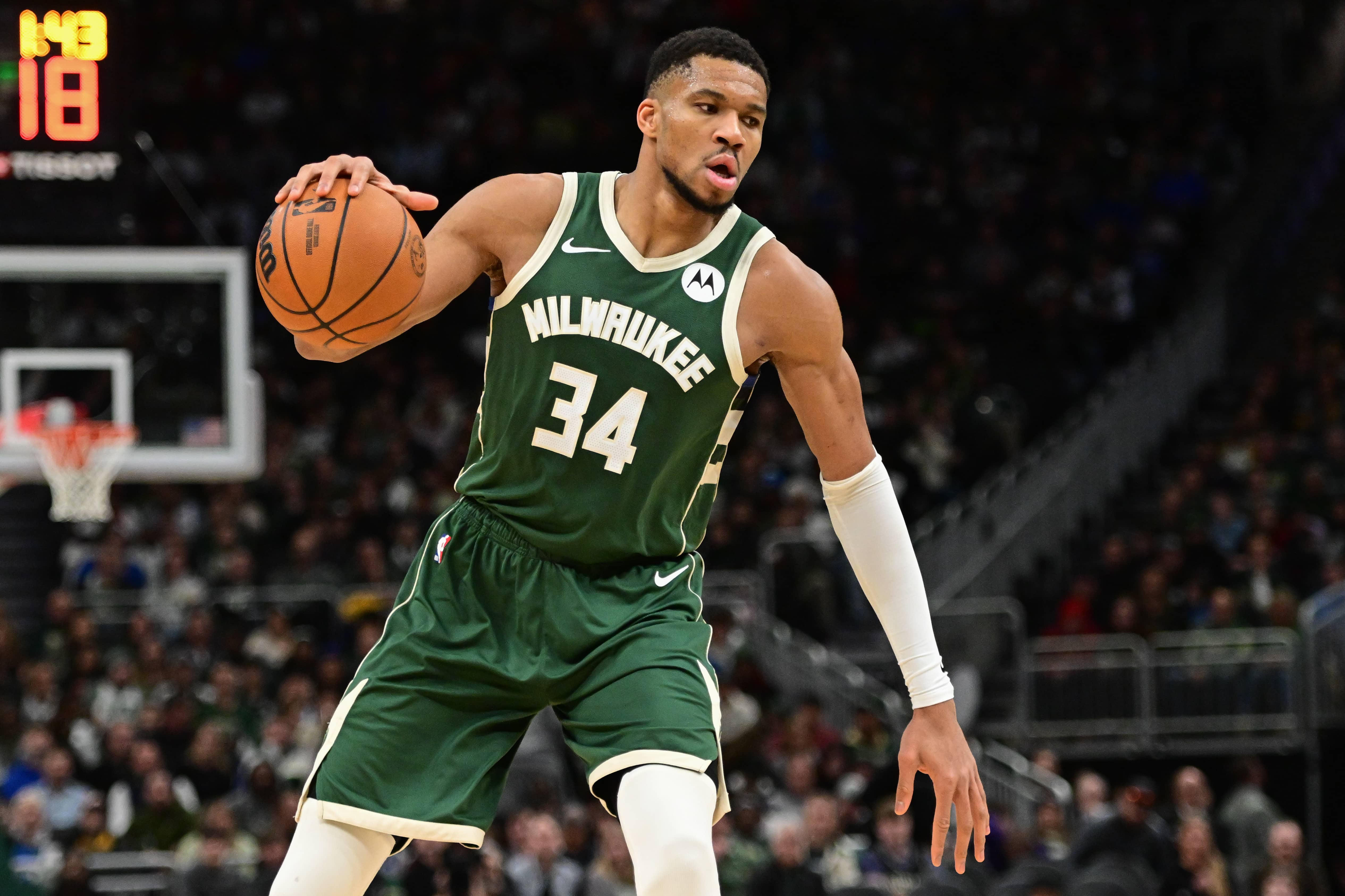 Milwaukee, Wisconsin, USA; Milwaukee Bucks forward Giannis Antetokounmpo (34) brings the ball down court in the second quarter against the Miami Heat at Fiserv Forum. Mandatory Credit: Benny Sieu-Imagn Images