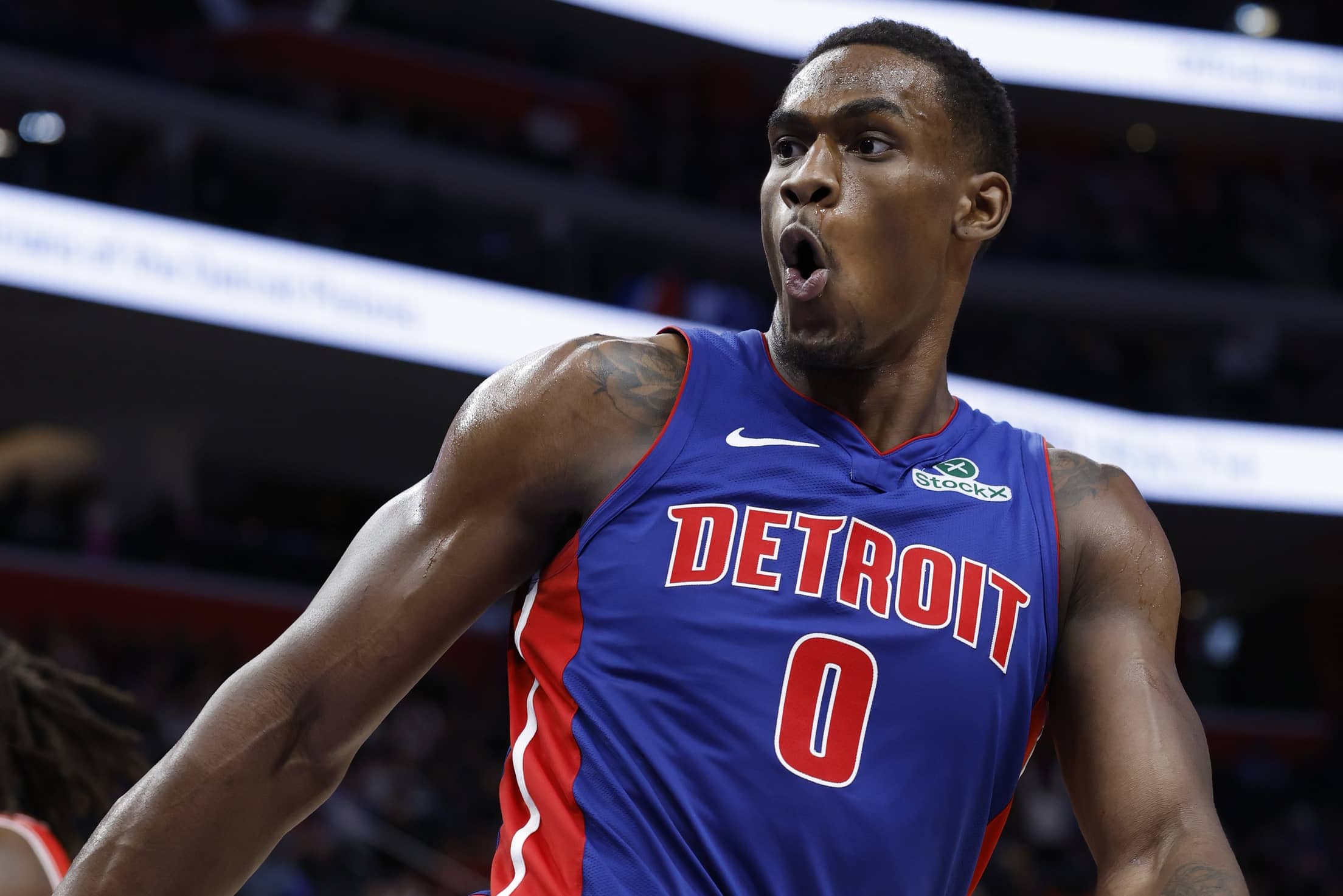 Detroit Pistons center Jalen Duren (0) celebrates after he dunks in the second half against the Chicago Bulls at Little Caesars Arena.