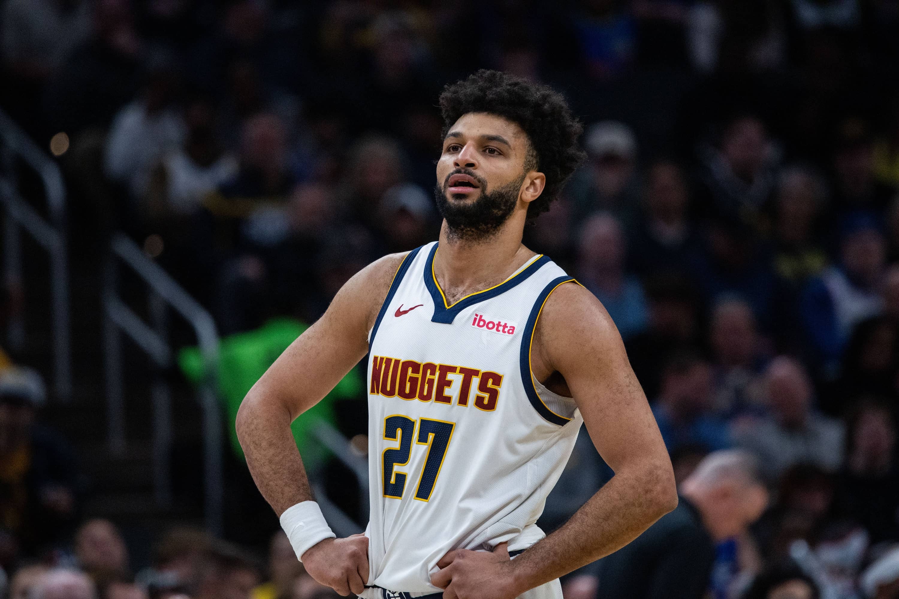 Feb 24, 2025; Indianapolis, Indiana, USA; Denver Nuggets guard Jamal Murray (27) in the first half against the Indiana Pacers at Gainbridge Fieldhouse. Mandatory Credit- Trevor Ruszkowski-Imagn Images