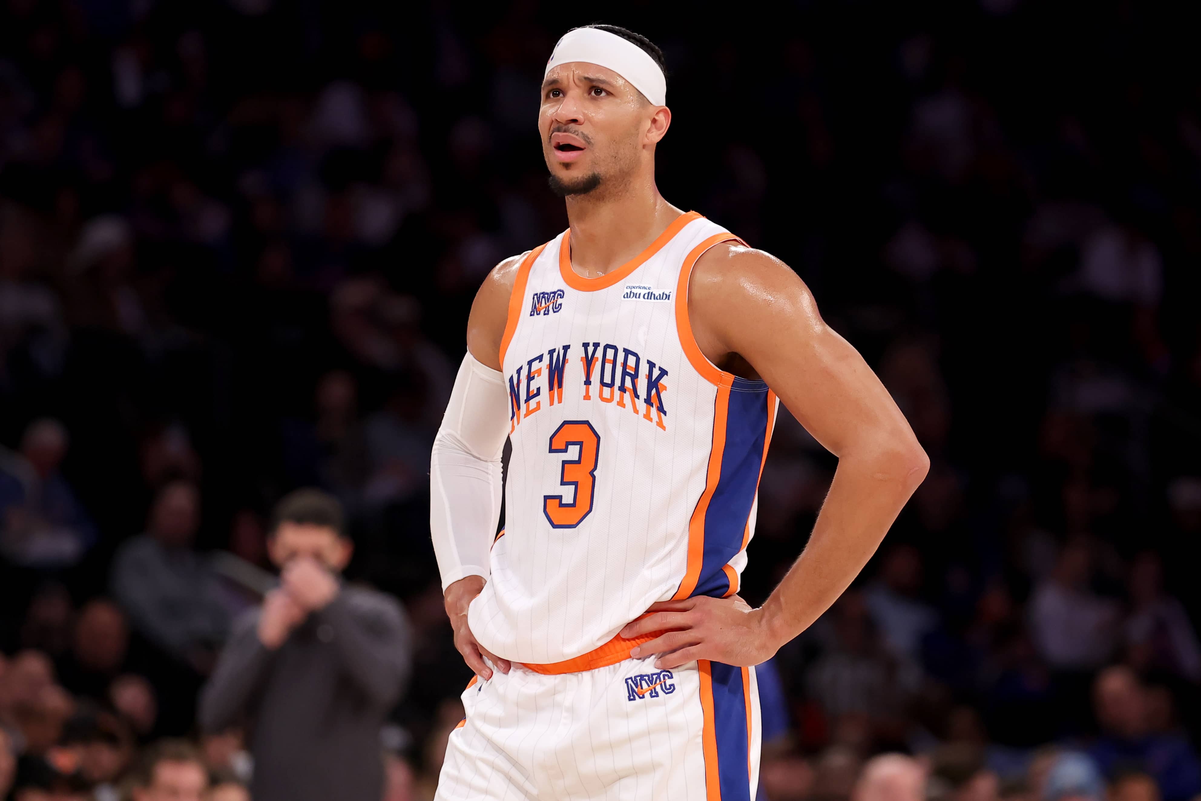 New York, New York, USA; New York Knicks guard Josh Hart (3) reacts during the third quarter against the Oklahoma City Thunder at Madison Square Garden. Mandatory Credit: Brad Penner-Imagn Images