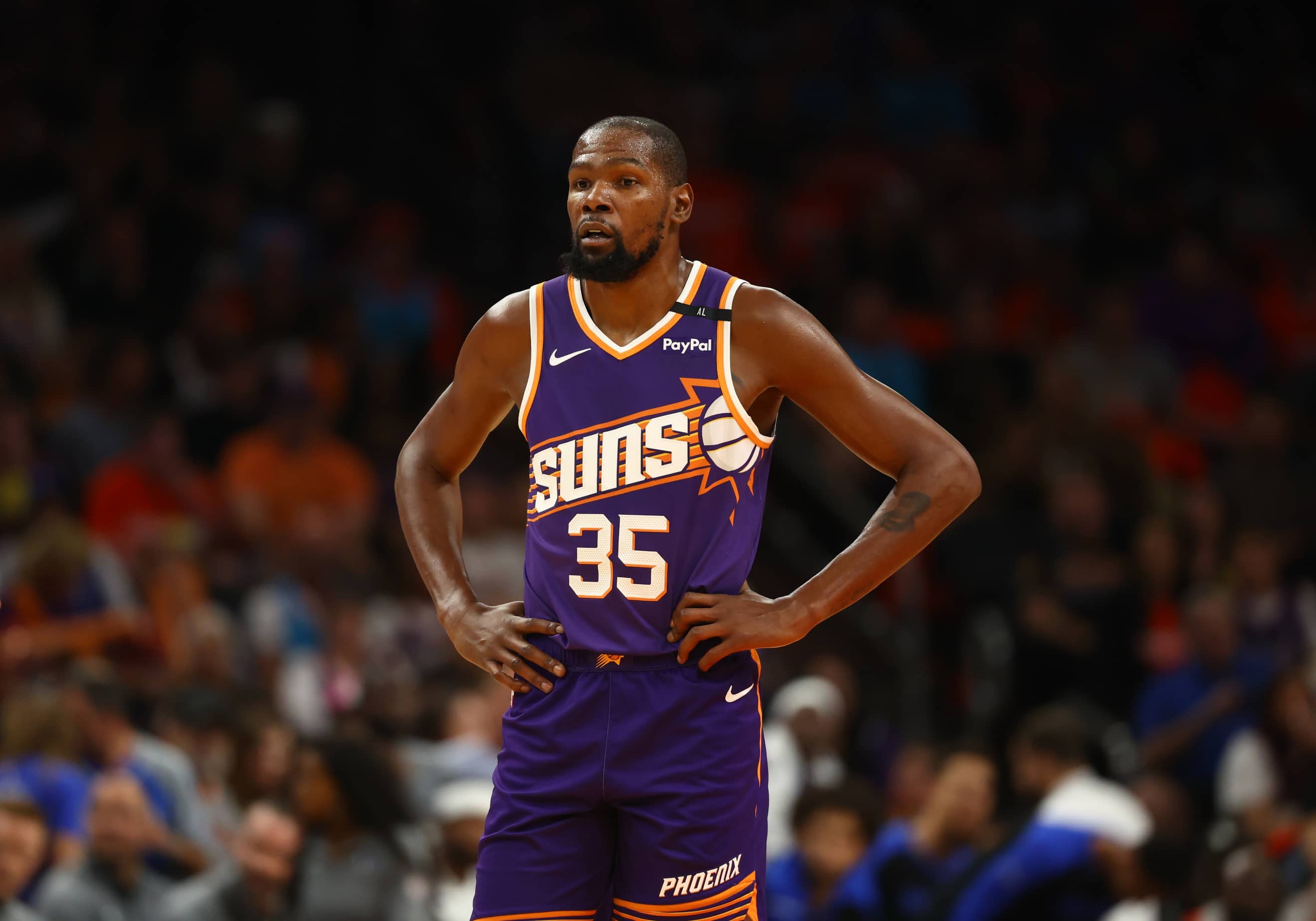 Oct 26, 2024; Phoenix, Arizona, USA; Phoenix Suns forward Kevin Durant (35) against the Dallas Mavericks in the home opener at Footprint Center. Mandatory Credit: Mark J. Rebilas-Imagn Images  