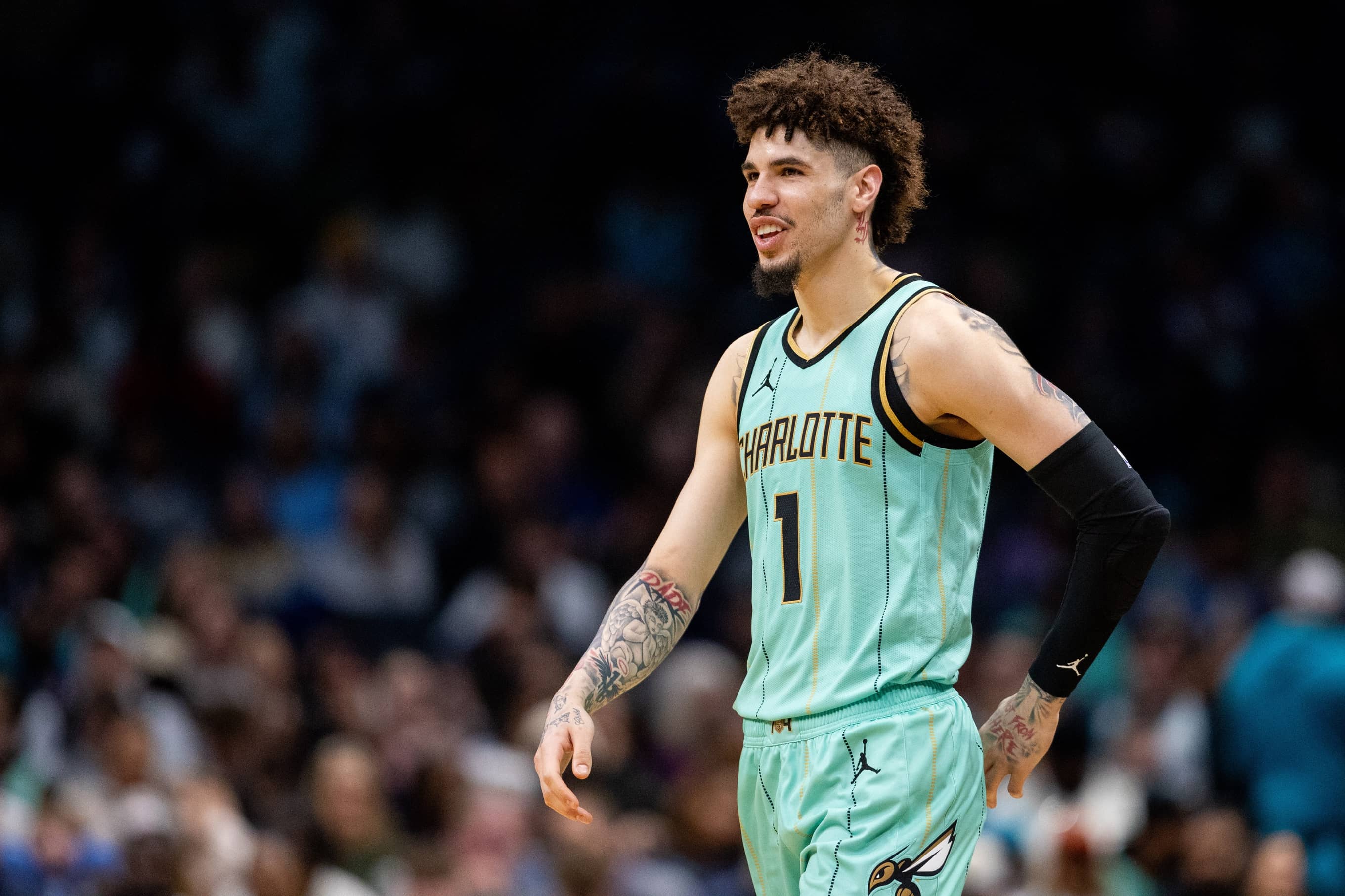 Charlotte Hornets guard LaMelo Ball (1) reacts during the fourth quarter against the New Orleans Pelicans at Spectrum Center.