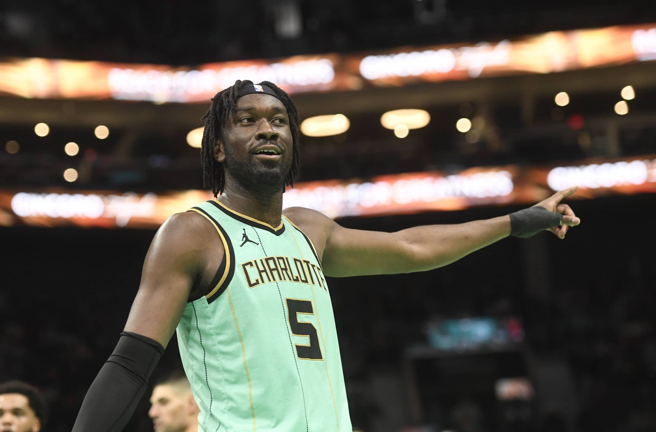 Charlotte Hornets center Mark Williams (5) reacts to a foul call during the second half against the Chicago Bulls at the Spectrum Center.
