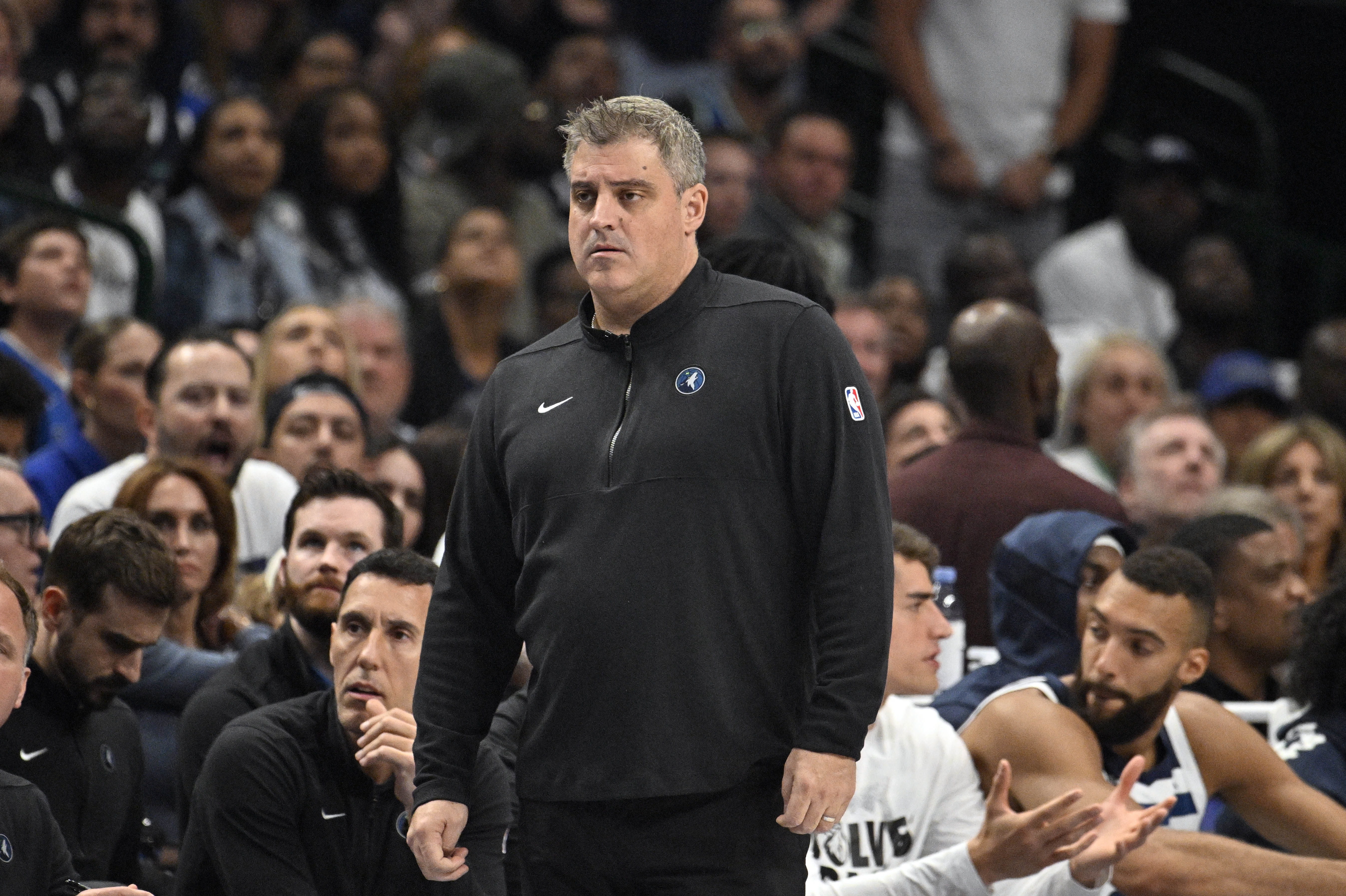 May 26, 2024; Dallas, Texas, USA; Minnesota Timberwolves assistant coach Micah Nori looks on in the second quarter against the Dallas Mavericks during game three of the western conference finals for the 2024 NBA playoffs at American Airlines Center. Mandatory Credit: Jerome Miron-Imagn Images  