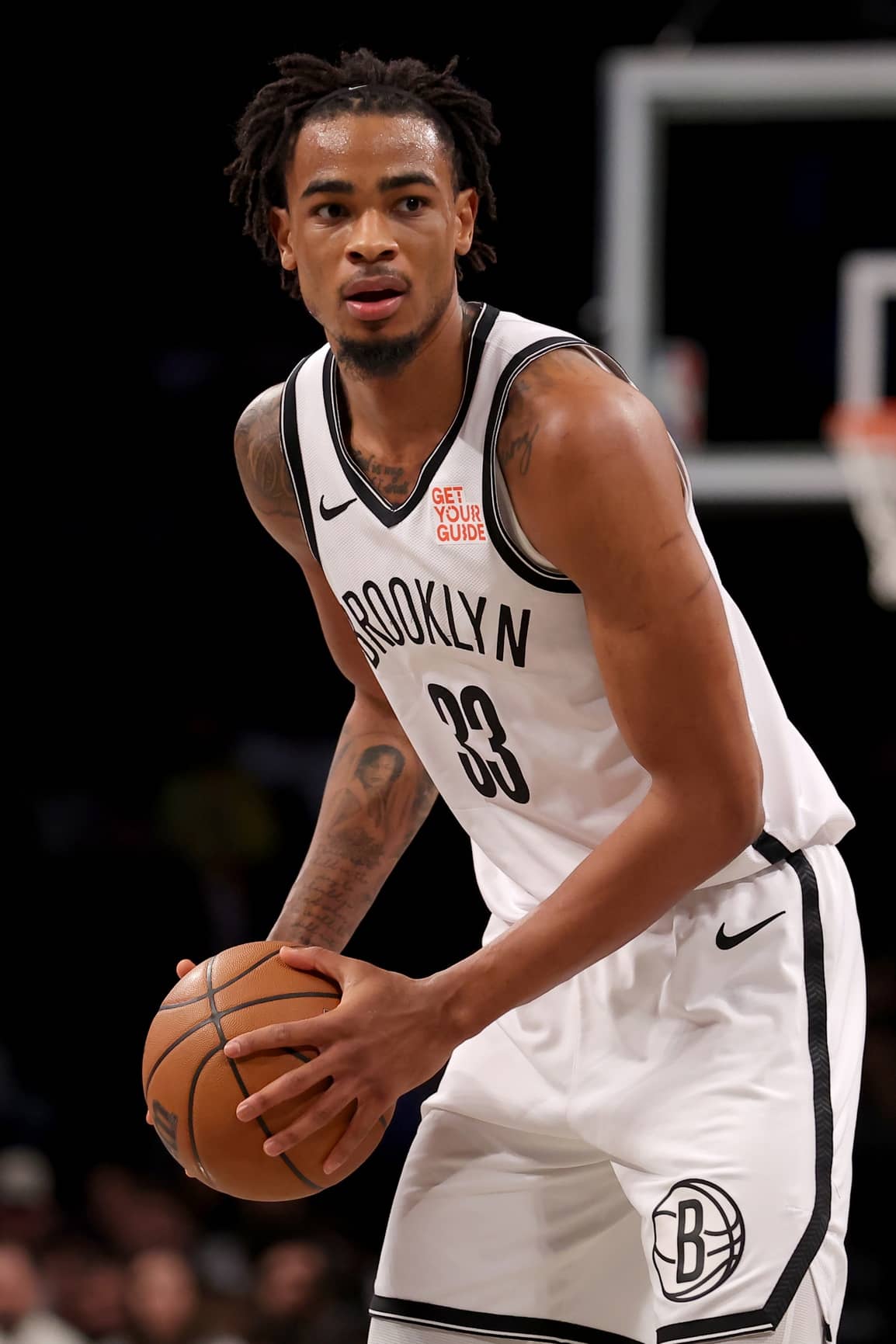 Brooklyn Nets center Nic Claxton (33) controls the ball against the Sacramento Kings during the second quarter at Barclays Center. Mandatory Credit: Brad Penner-Imagn Images