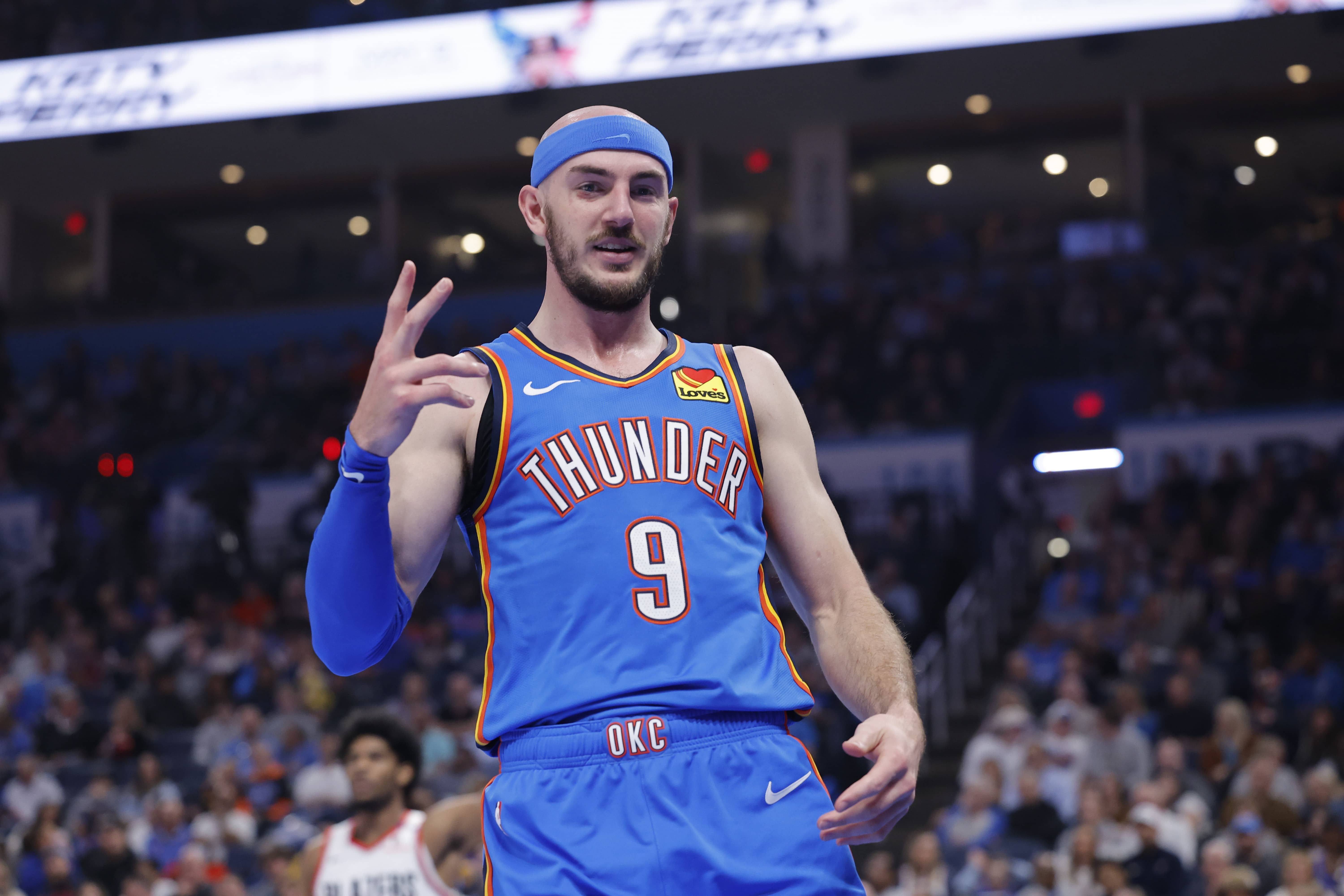 Oklahoma City, Oklahoma, USA; Oklahoma City Thunder guard Alex Caruso (9) gestures after scoring against the Portland Trail Blazers during the second quarter at Paycom Center. Mandatory Credit: Alonzo Adams-Imagn Images
