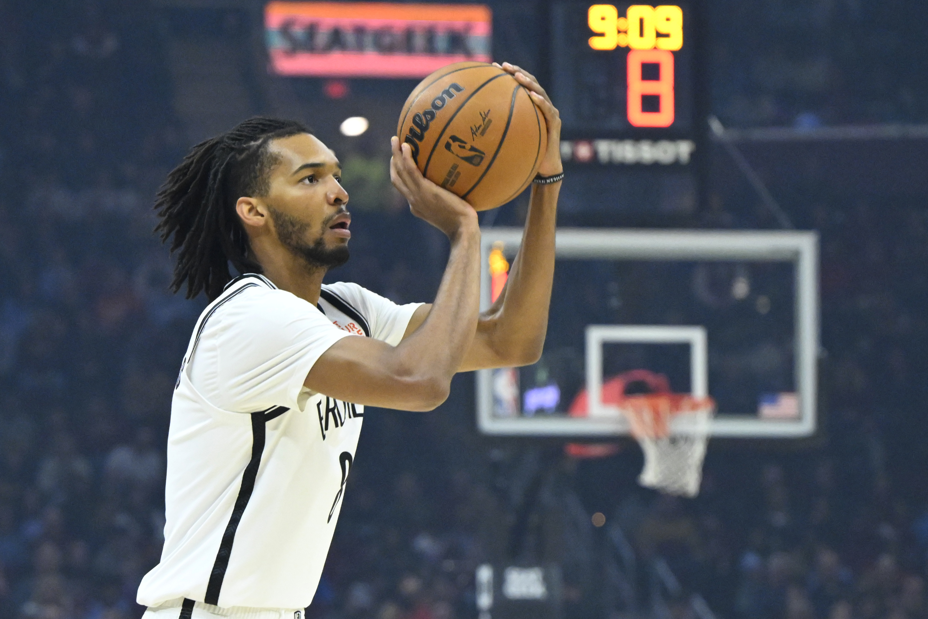 Mar 11, 2025; Cleveland, Ohio, USA; Brooklyn Nets forward Ziaire Williams (8) shoots in the first quarter against the Cleveland Cavaliers at Rocket Arena. Mandatory Credit: David Richard-Imagn Images  