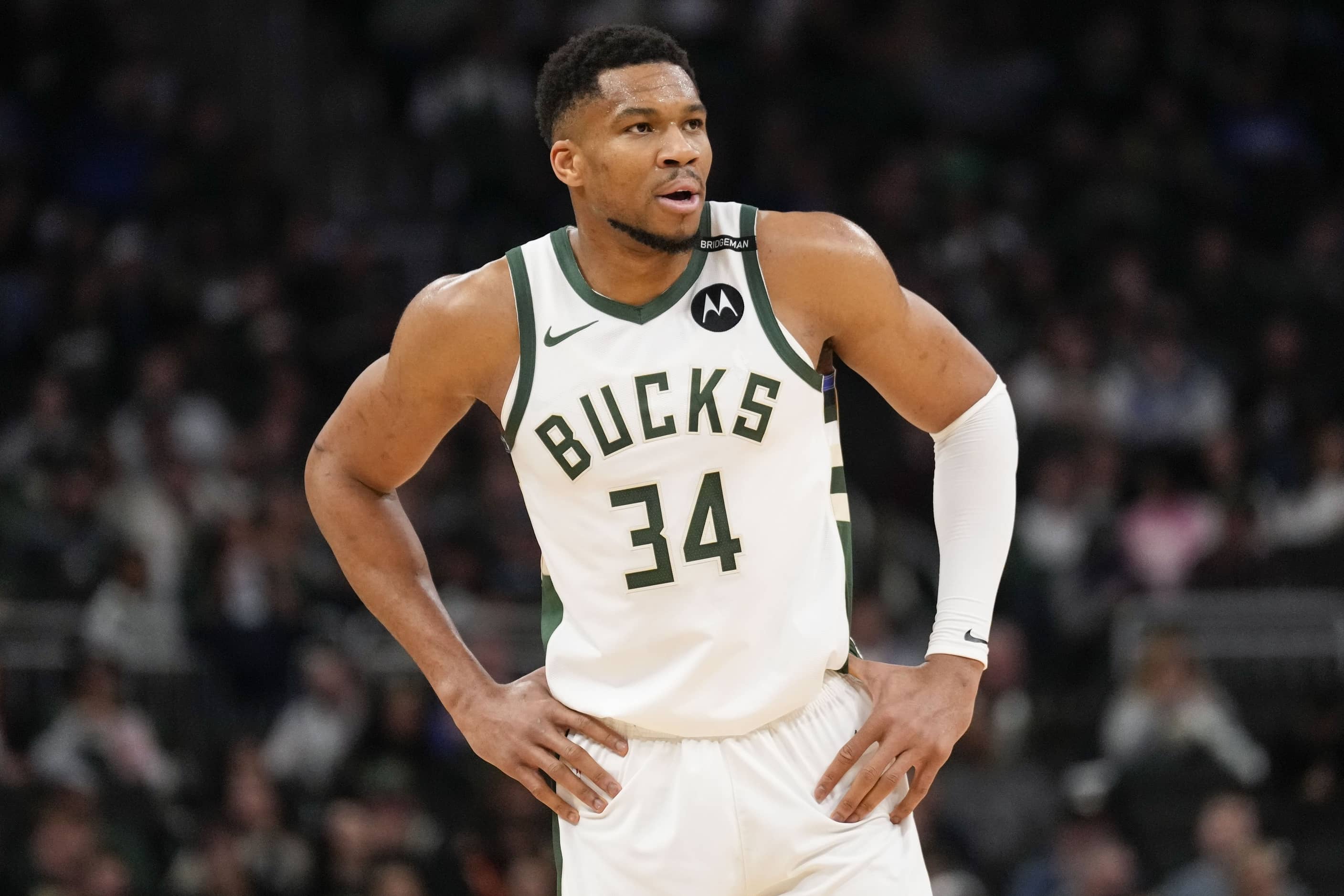 Milwaukee Bucks forward Giannis Antetokounmpo (34) looks on during the first quarter against the Atlanta Hawks at Fiserv Forum.