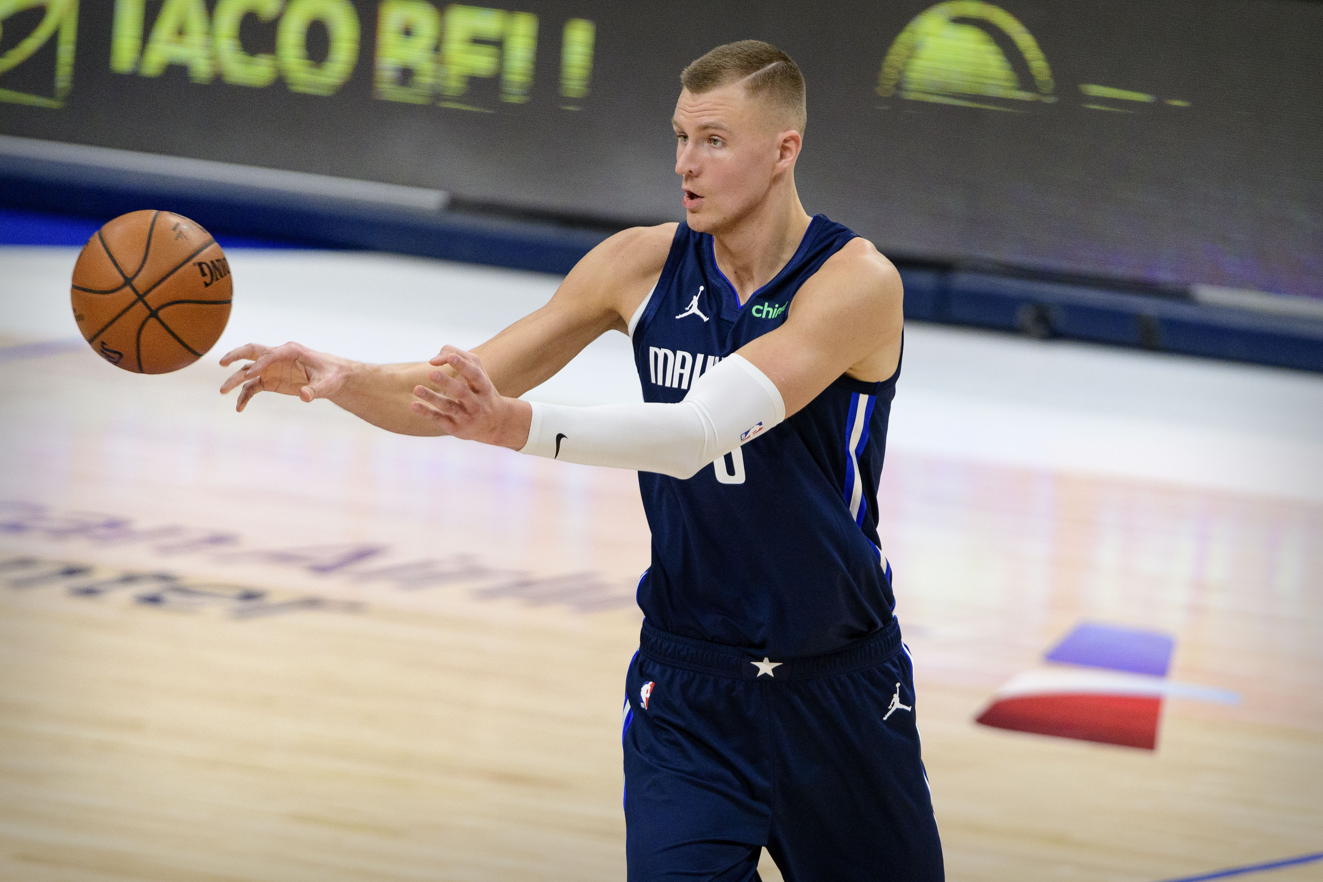 Feb 6, 2021; Dallas, Texas, USA; Dallas Mavericks center Kristaps Porzingis (6) in action during the game between the Dallas Mavericks and the Golden State Warriors at the American Airlines Center. Mandatory Credit: Jerome Miron-Imagn Images  