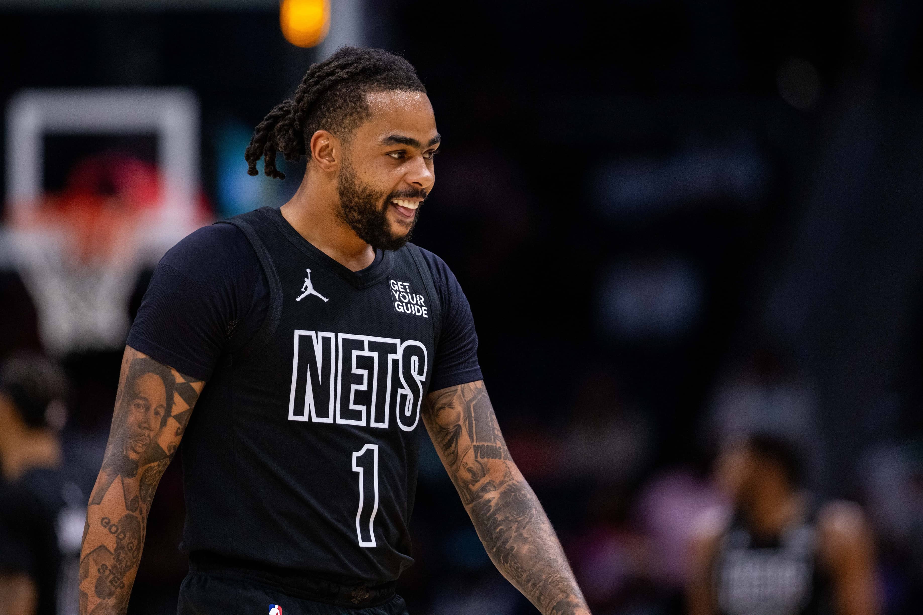 Brooklyn Nets guard D'Angelo Russell (1) walks off against the Charlotte Hornets during the first quarter at Spectrum Center.