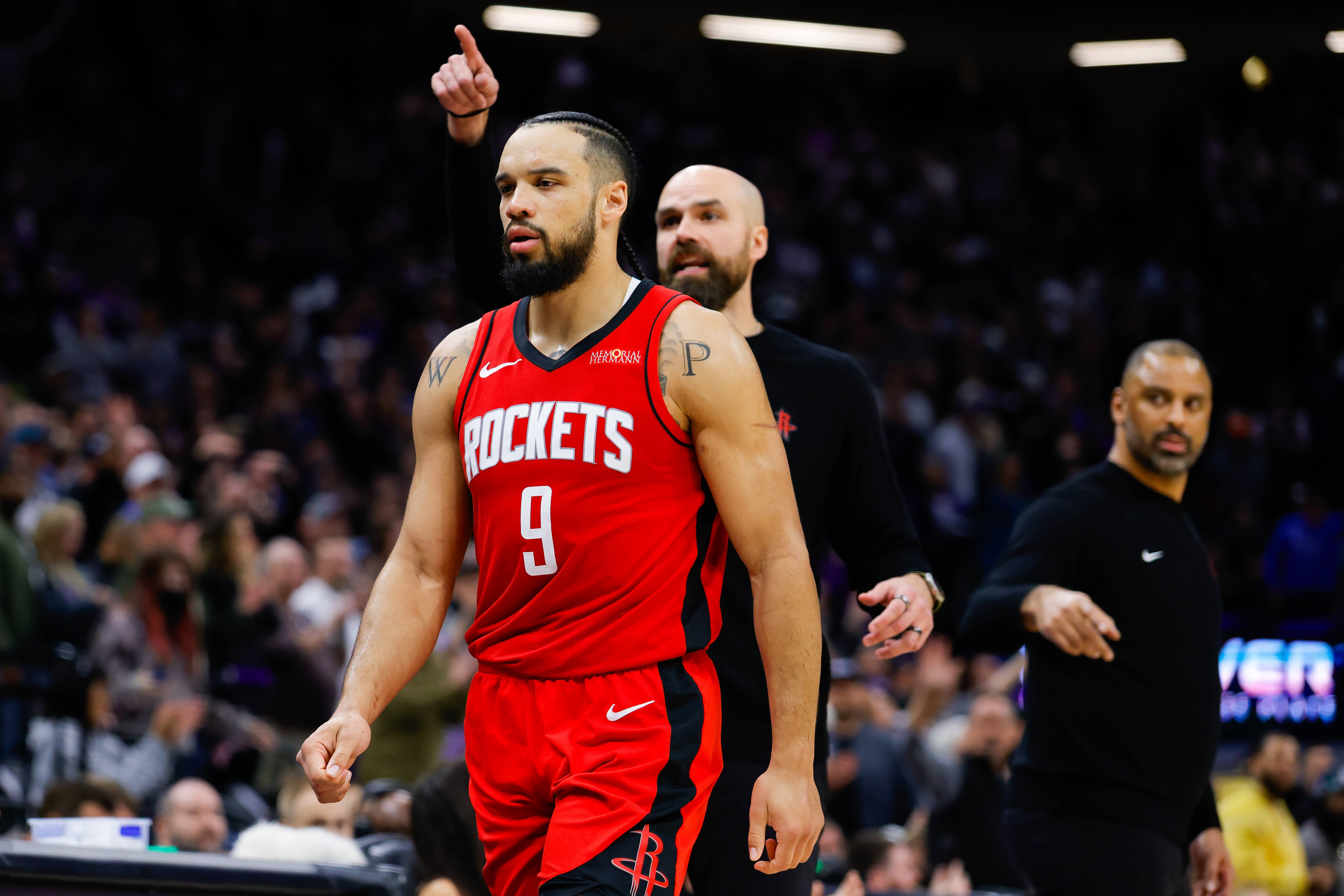 Sacramento, California, USA; Houston Rockets forward Dillon Brooks (9) walks off the court after fouling out during the fourth quarter against the Sacramento Kings at Golden 1 Center. Mandatory Credit: Sergio Estrada-Imagn Images
