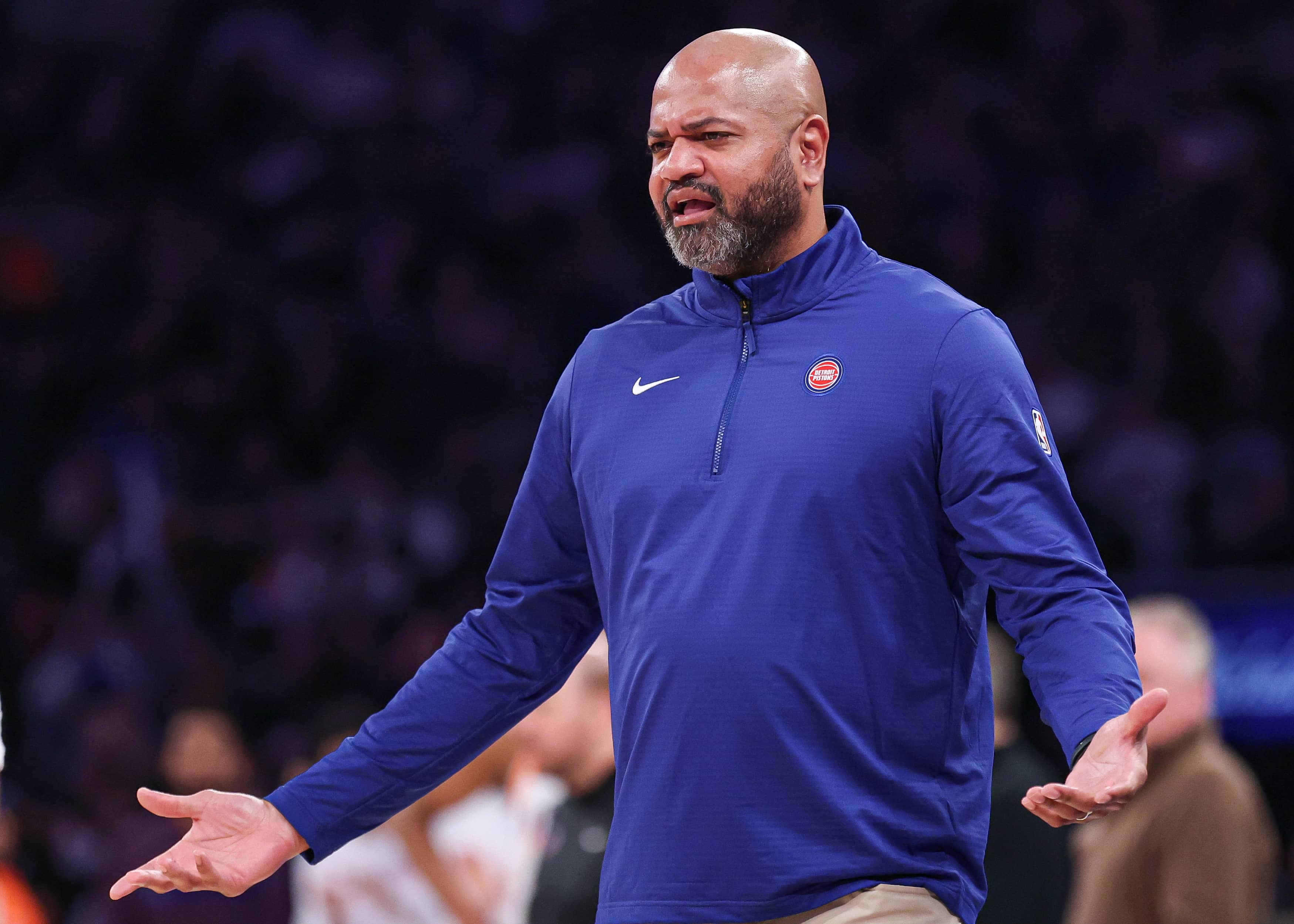 New York, New York, USA; Detroit Pistons head coach JB Bickerstaff reacts during the second half against the New York Knicks at Madison Square Garden. Mandatory Credit: Vincent Carchietta-Imagn Images