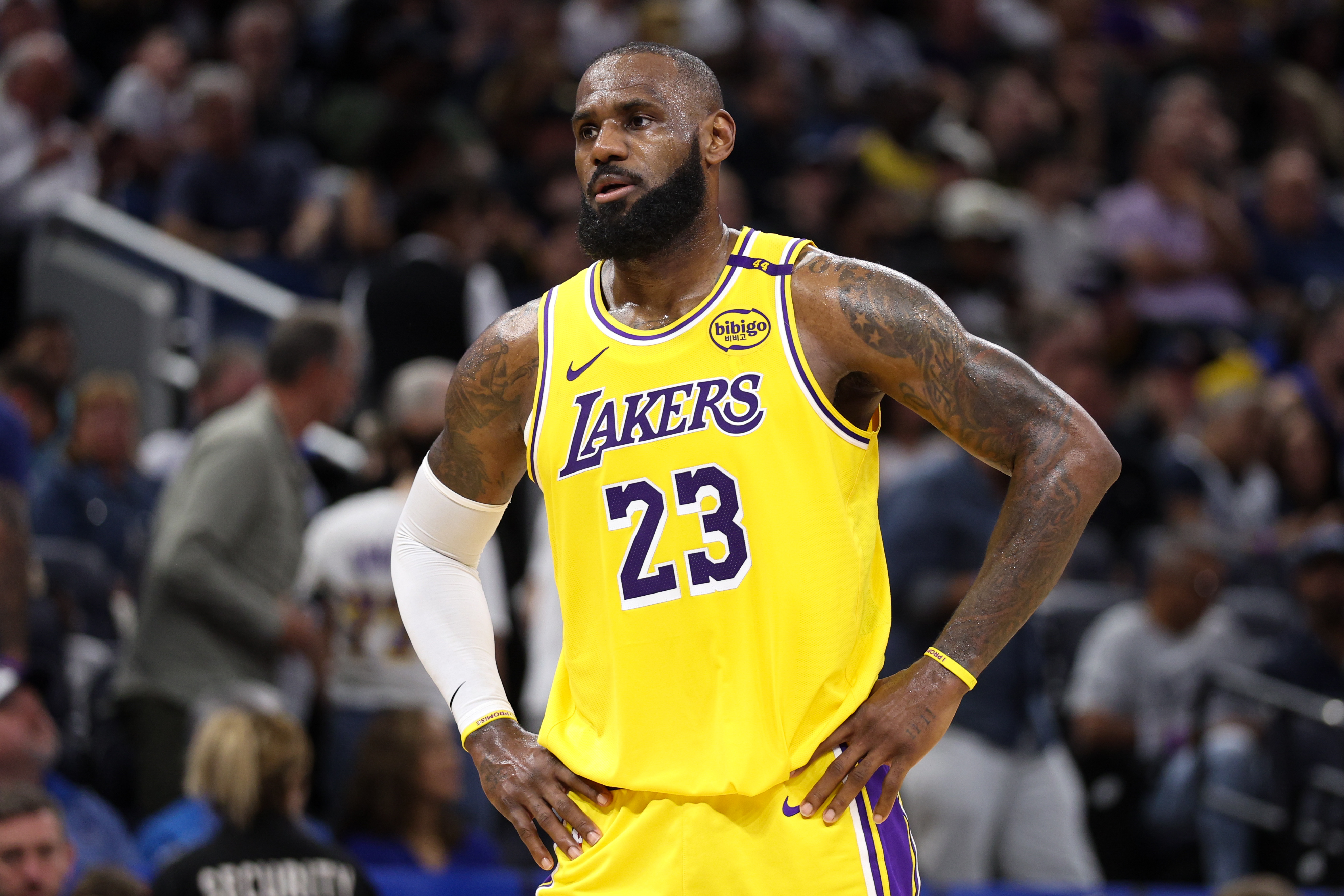 Los Angeles Lakers forward LeBron James (23) looks on against the Orlando Magic in the second quarter at Kia Center.