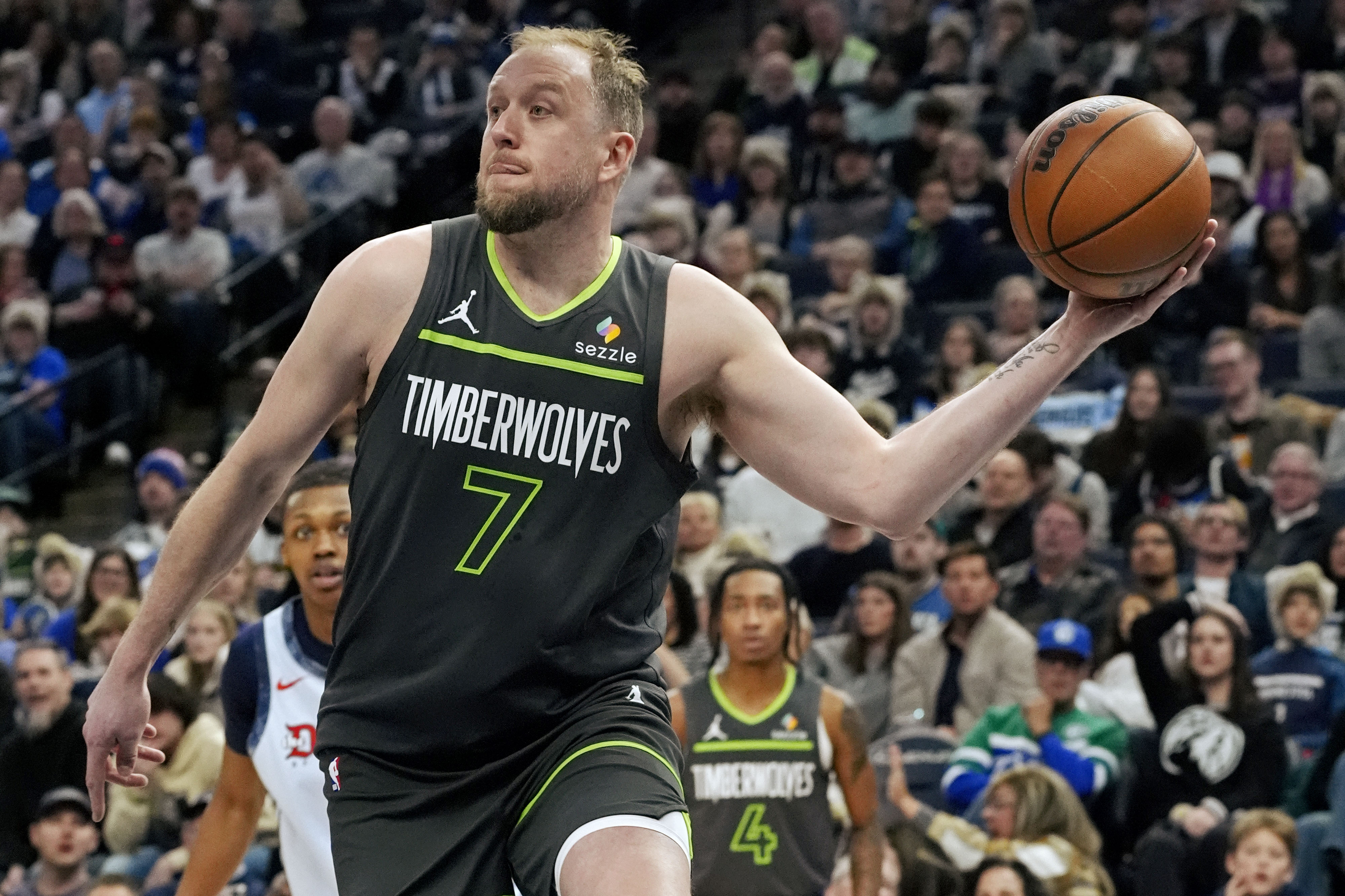 Feb 1, 2025; Minneapolis, Minnesota, USA; Minnesota Timberwolves guard Joe Ingles (7) looks for a pass as he goes out of bounds against the Washington Wizards in the fourth quarter at Target Center. Mandatory Credit: Bruce Kluckhohn-Imagn Images  