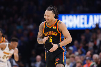 Mar 9, 2025; Oklahoma City, Oklahoma, USA; Oklahoma City Thunder forward Jaylin Williams (6) celebrates after a basket against the Denver Nuggets during the second quarter at Paycom Center. Mandatory Credit: Alonzo Adams-Imagn Images