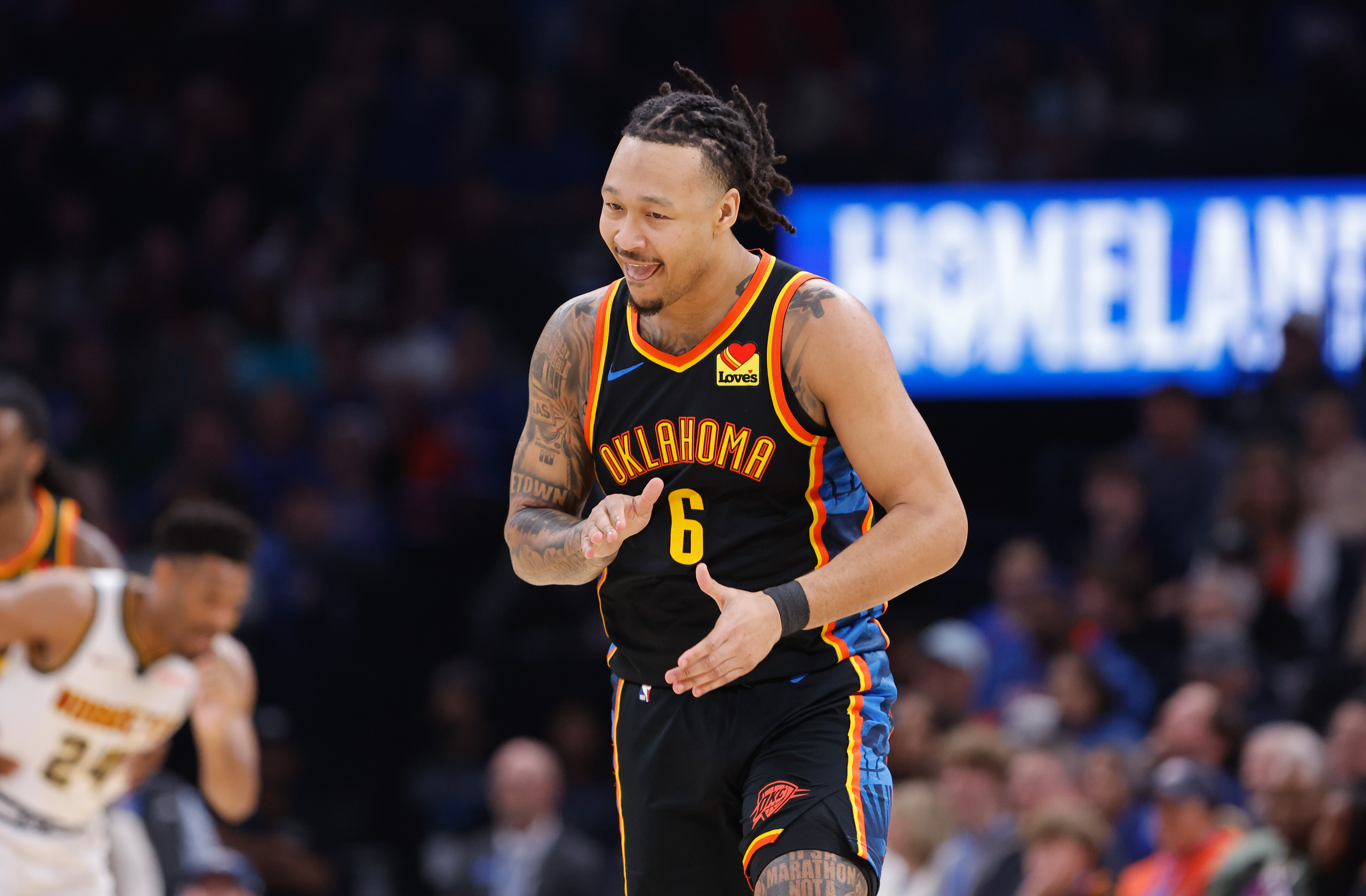 Mar 9, 2025; Oklahoma City, Oklahoma, USA; Oklahoma City Thunder forward Jaylin Williams (6) celebrates after a basket against the Denver Nuggets during the second quarter at Paycom Center. Mandatory Credit: Alonzo Adams-Imagn Images  