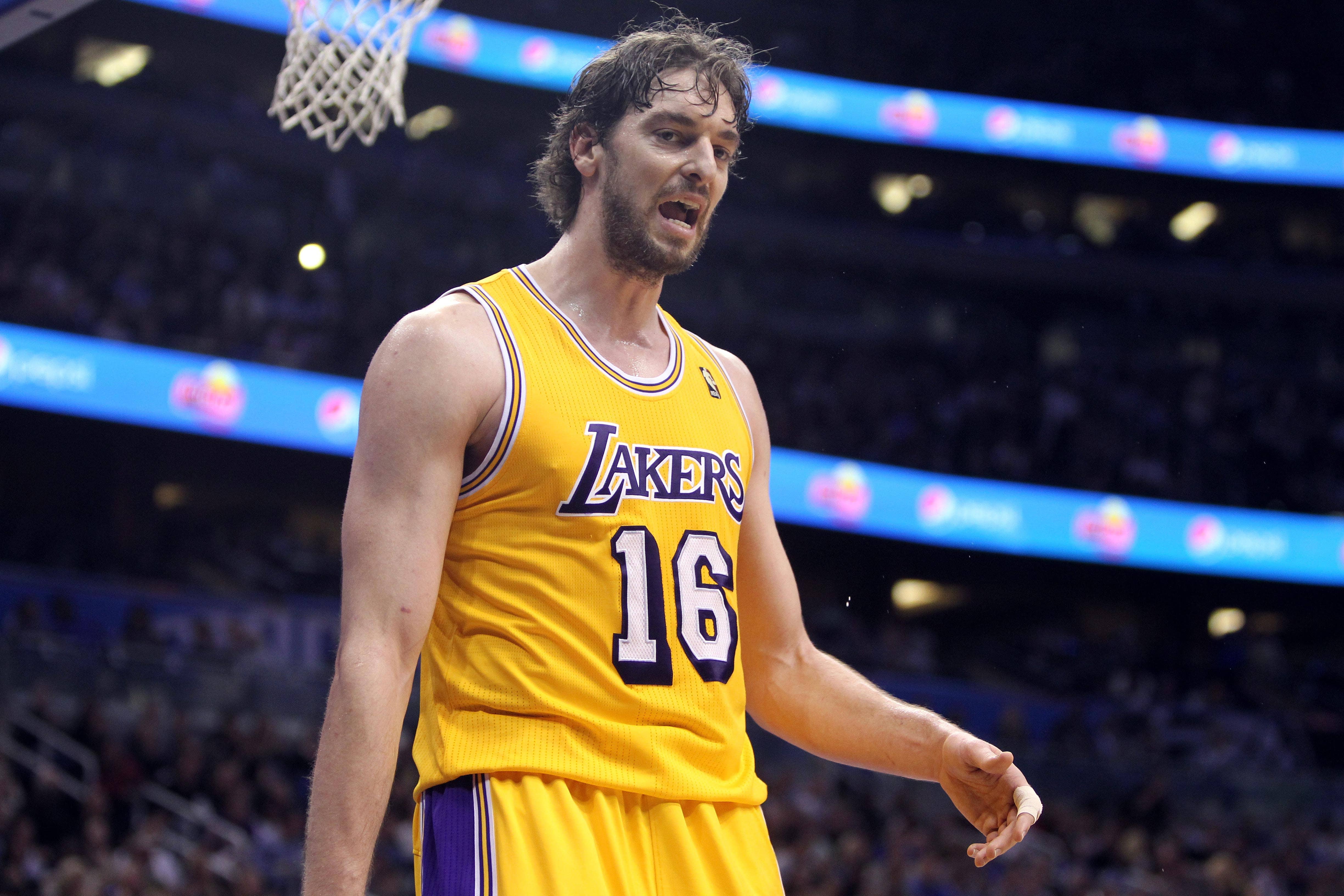 Orlando FL, USA; Los Angeles Lakers power forward Pau Gasol (16) reacts during the second half against the Orlando Magic at Amway Center. The Magic won 89-75. Mandatory Credit: Kim Klement-Imagn Images