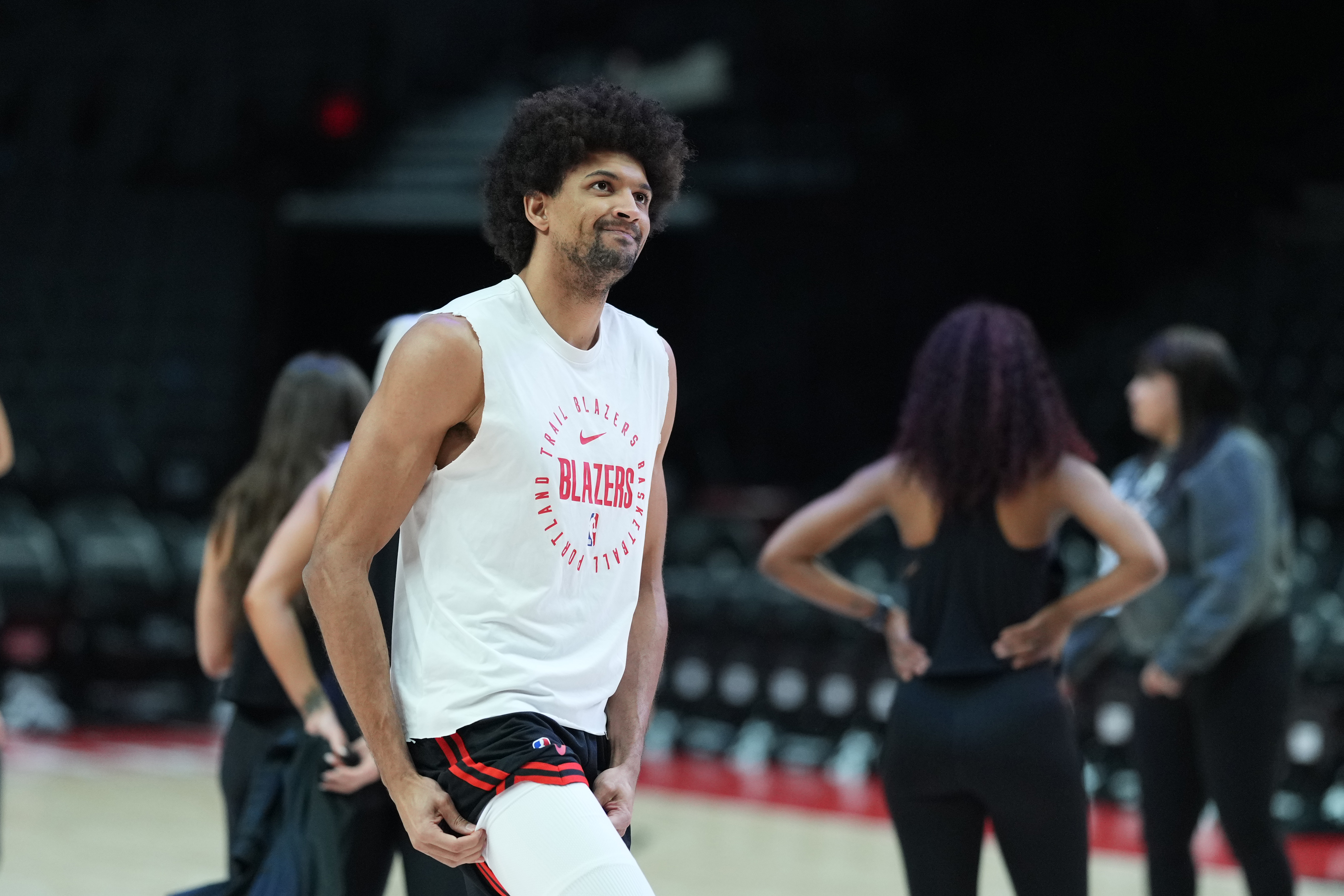 Mar 12, 2025; Portland, Oregon, USA; Portland Trail Blazers shooting guard Matisse Thybulle (4) looks on during warm ups before the game against the New York Knicks at Moda Center. Mandatory Credit: Soobum Im-Imagn Images  