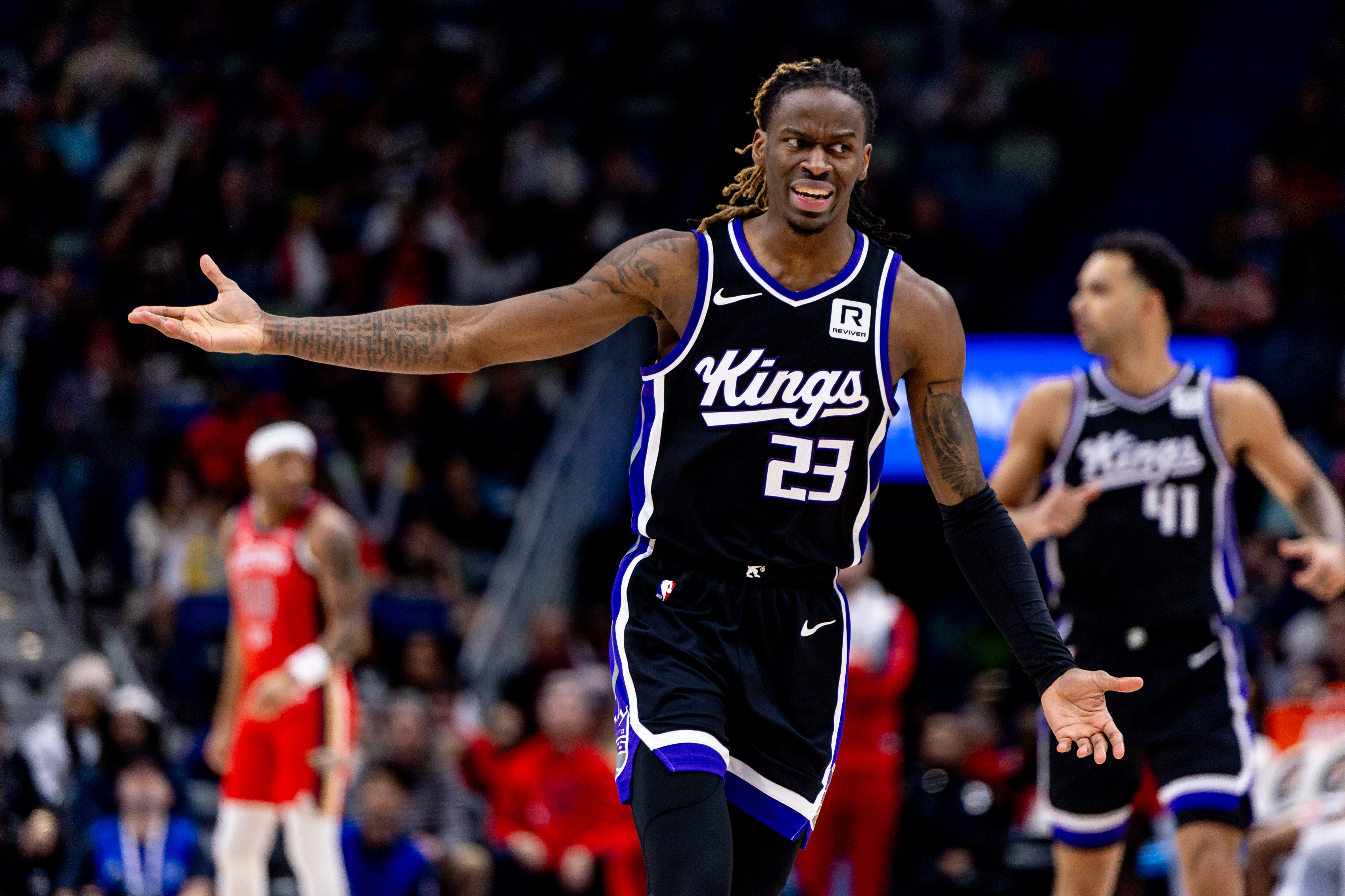 Feb 13, 2025; New Orleans, Louisiana, USA; Sacramento Kings guard Keon Ellis (23) reacts to a play against the New Orleans Pelicans during the second half at Smoothie King Center. Mandatory Credit: Stephen Lew-Imagn Images  