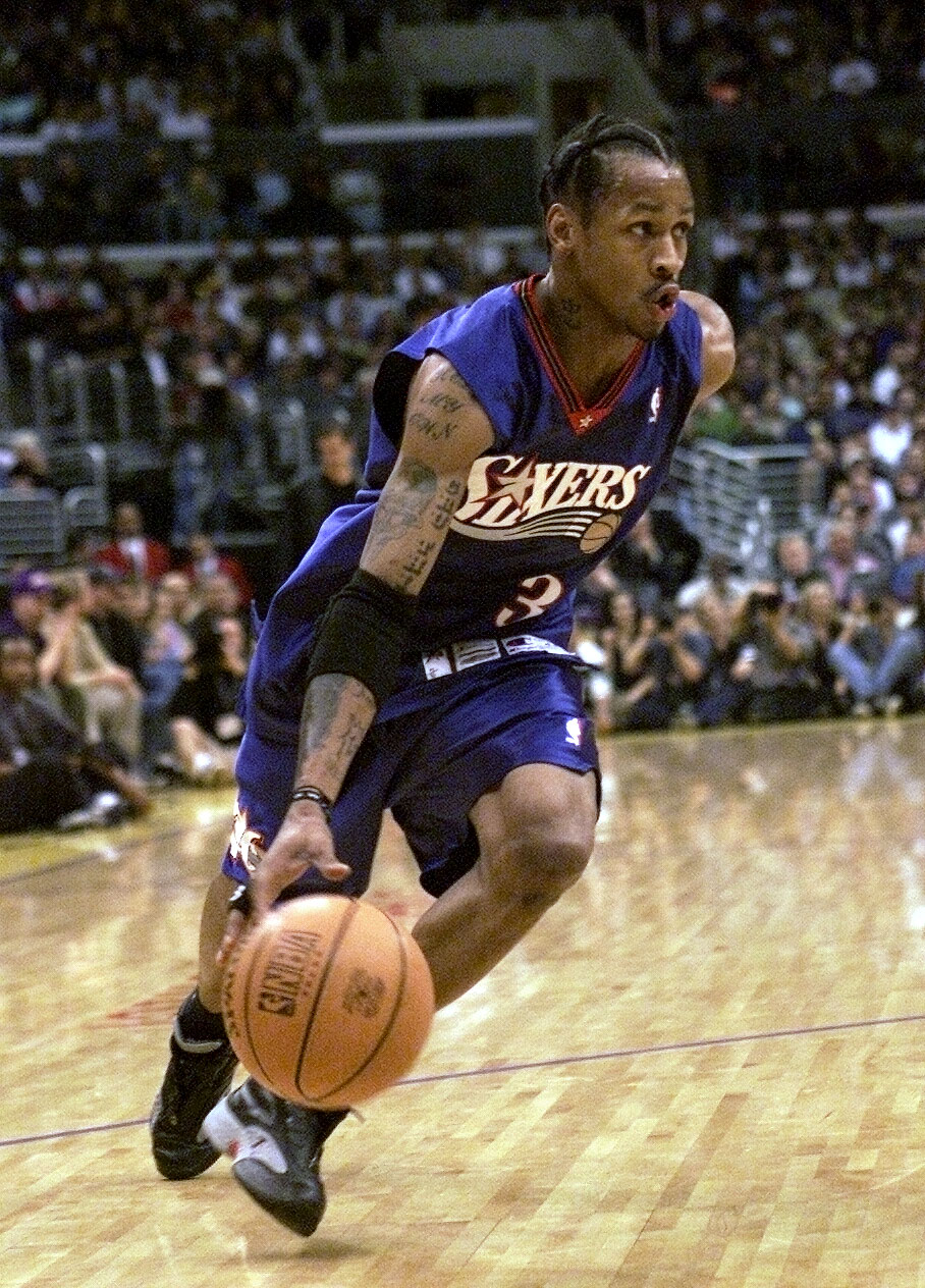 San Diego, CA; FILE PHOTO: Sixers player Allen Iverson brings the ball up the court. Mandatory Credit: Robert Hanashiro-USA TODAY Network