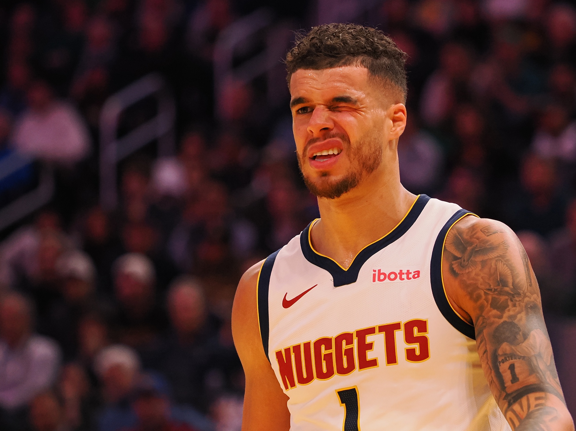  Denver Nuggets forward Michael Porter Jr. (1) squints after a play against the Golden State Warriors during the third quarter at Chase Center. Mandatory Credit: Kelley L Cox-Imagn Images