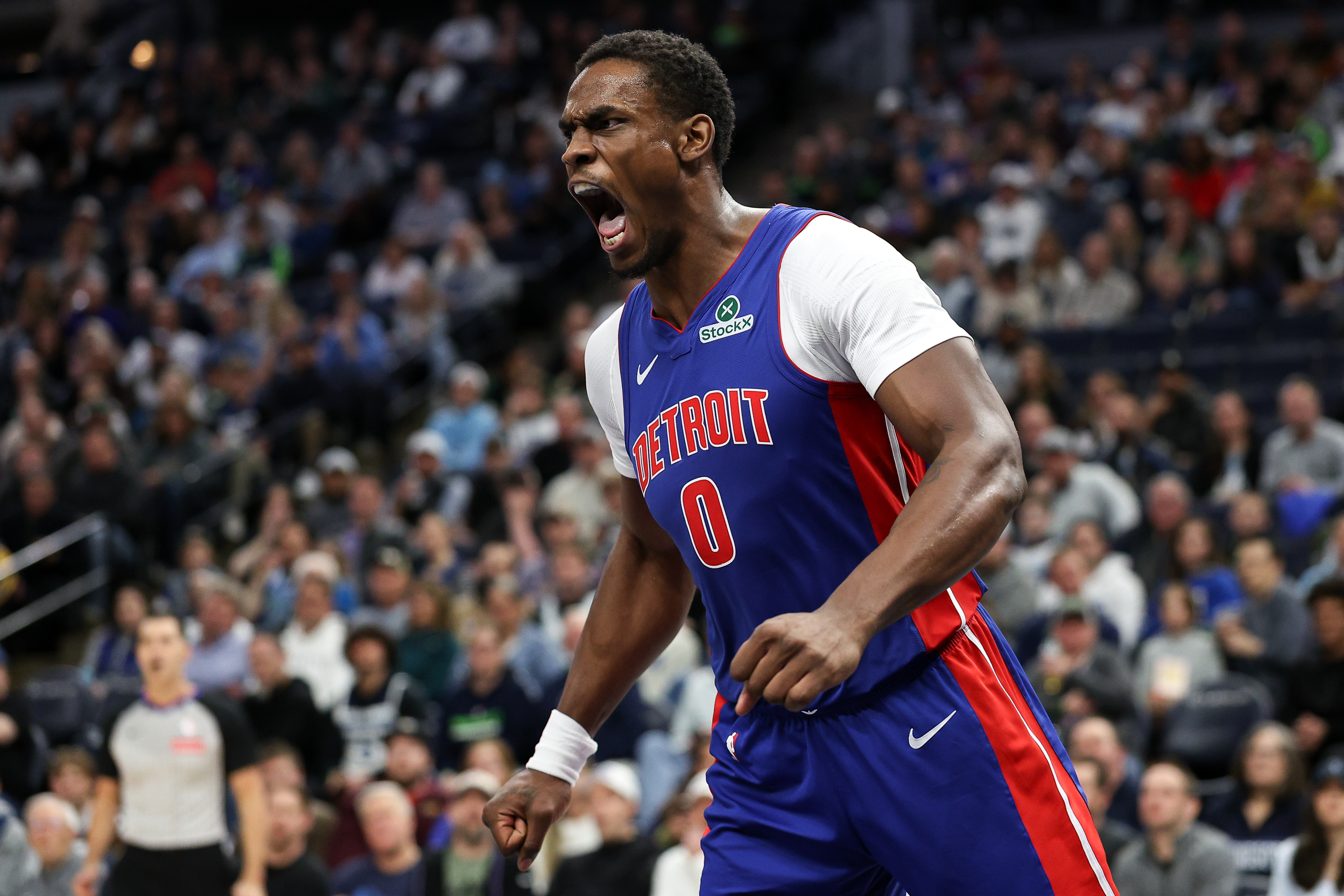 Mar 30, 2025; Minneapolis, Minnesota, USA; Detroit Pistons center Jalen Duren (0) celebrates his dunk against the Minnesota Timberwolves during the second quarter at Target Center. Mandatory Credit: Matt Krohn-Imagn Images  
