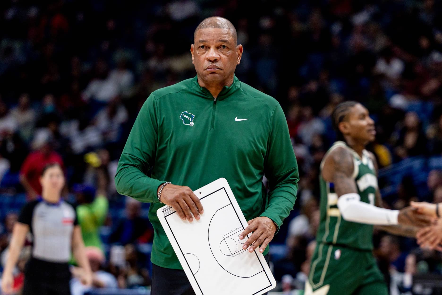 New Orleans, Louisiana, USA; Milwaukee Bucks head coach Doc Rivers looks on against the New Orleans Pelicans during the second half at Smoothie King Center. Mandatory Credit: Stephen Lew-Imagn Images