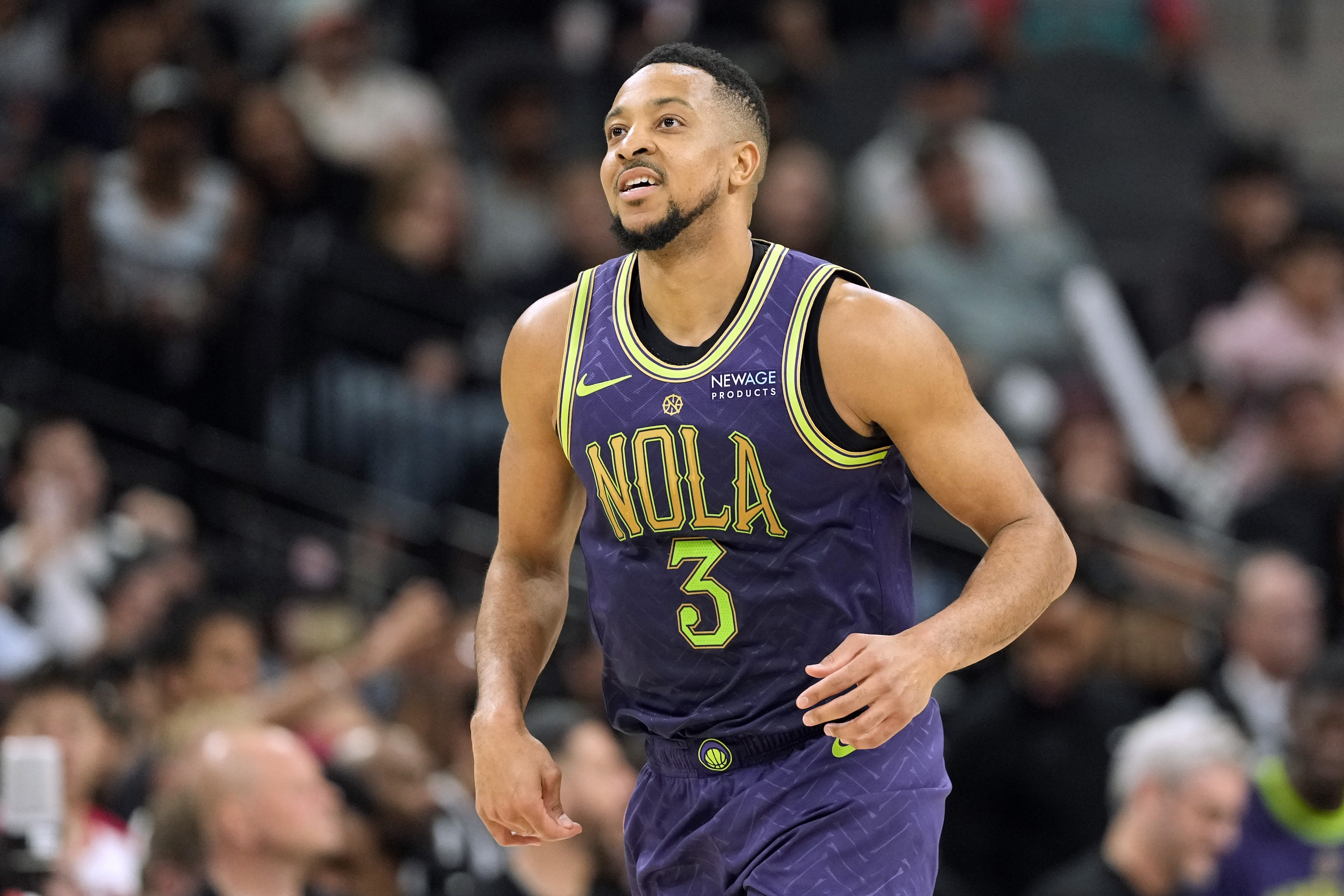 Mar 15, 2025; San Antonio, Texas, USA; New Orleans Pelicans guard CJ McCollum (3) reacts after scoring a basket during the second half against the San Antonio Spurs at Frost Bank Center. Mandatory Credit: Scott Wachter-Imagn Images  