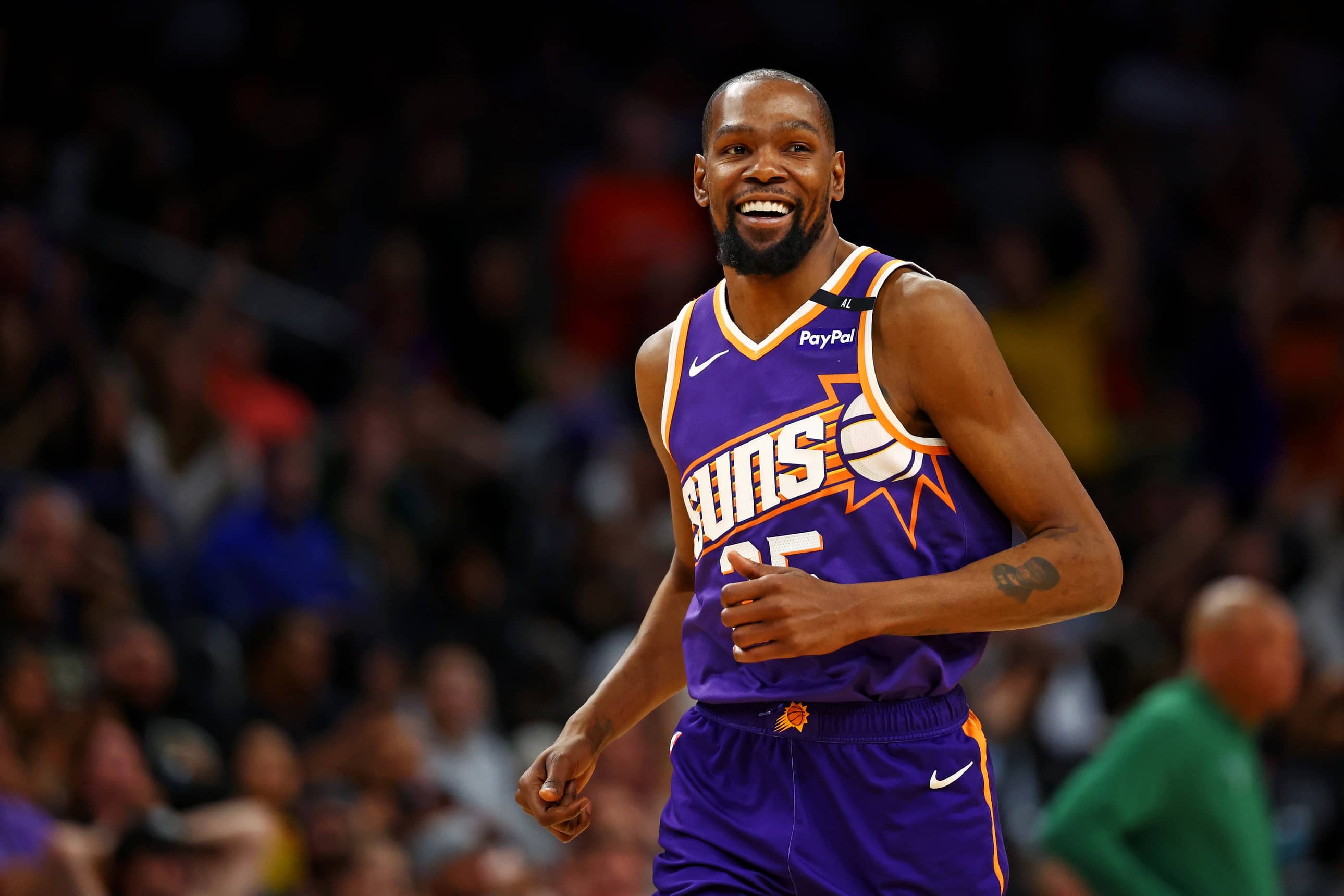 Phoenix Suns forward Kevin Durant (35) celebrates after a play during the fourth quarter against the Milwaukee Bucks at Footprint Center.