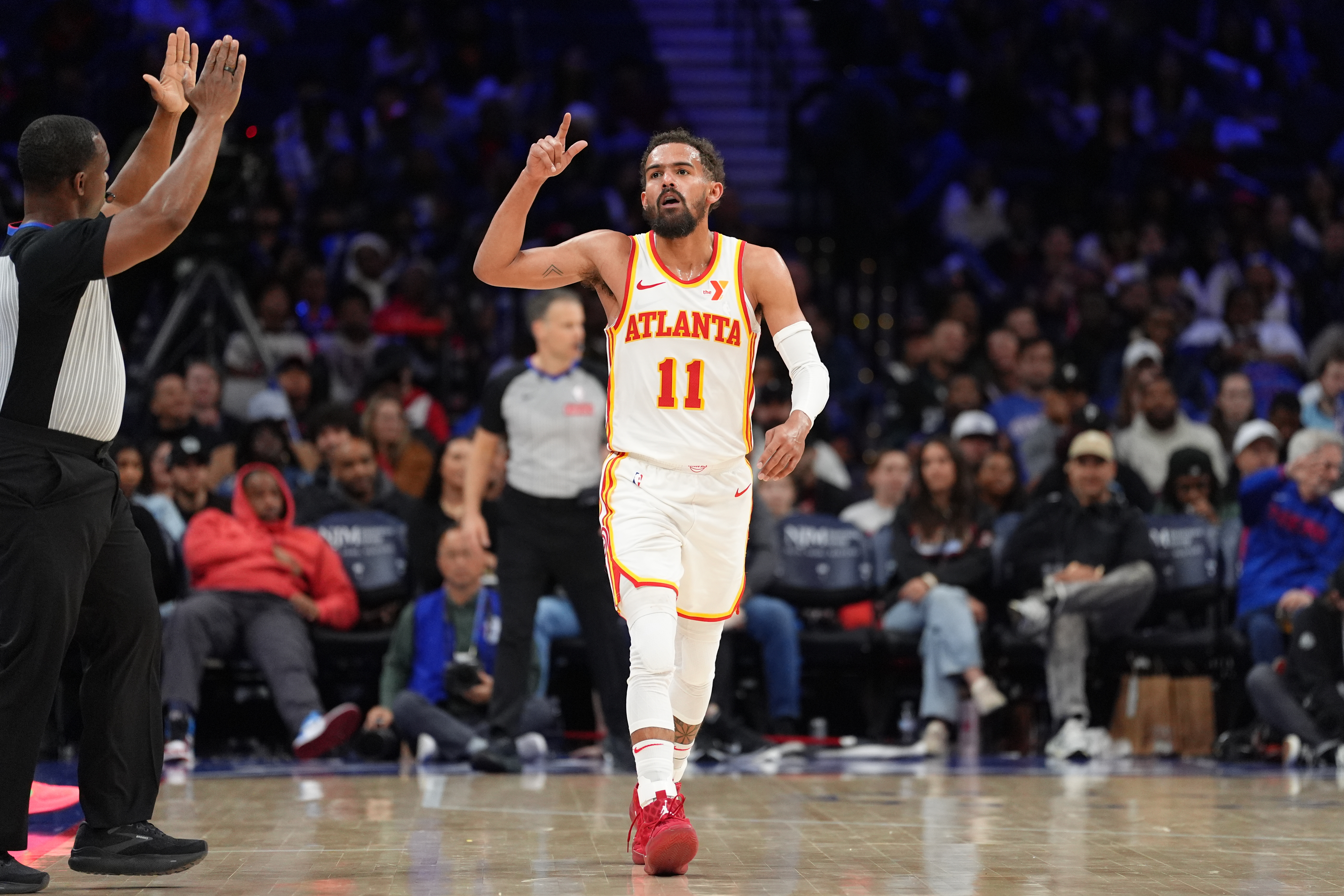 Apr 11, 2025; Philadelphia, Pennsylvania, USA; Atlanta Hawks guard Trae Young (11) reacts after scoring against the Philadelphia 76ers in the fourth quarter at Wells Fargo Center. Mandatory Credit: Kyle Ross-Imagn Images  