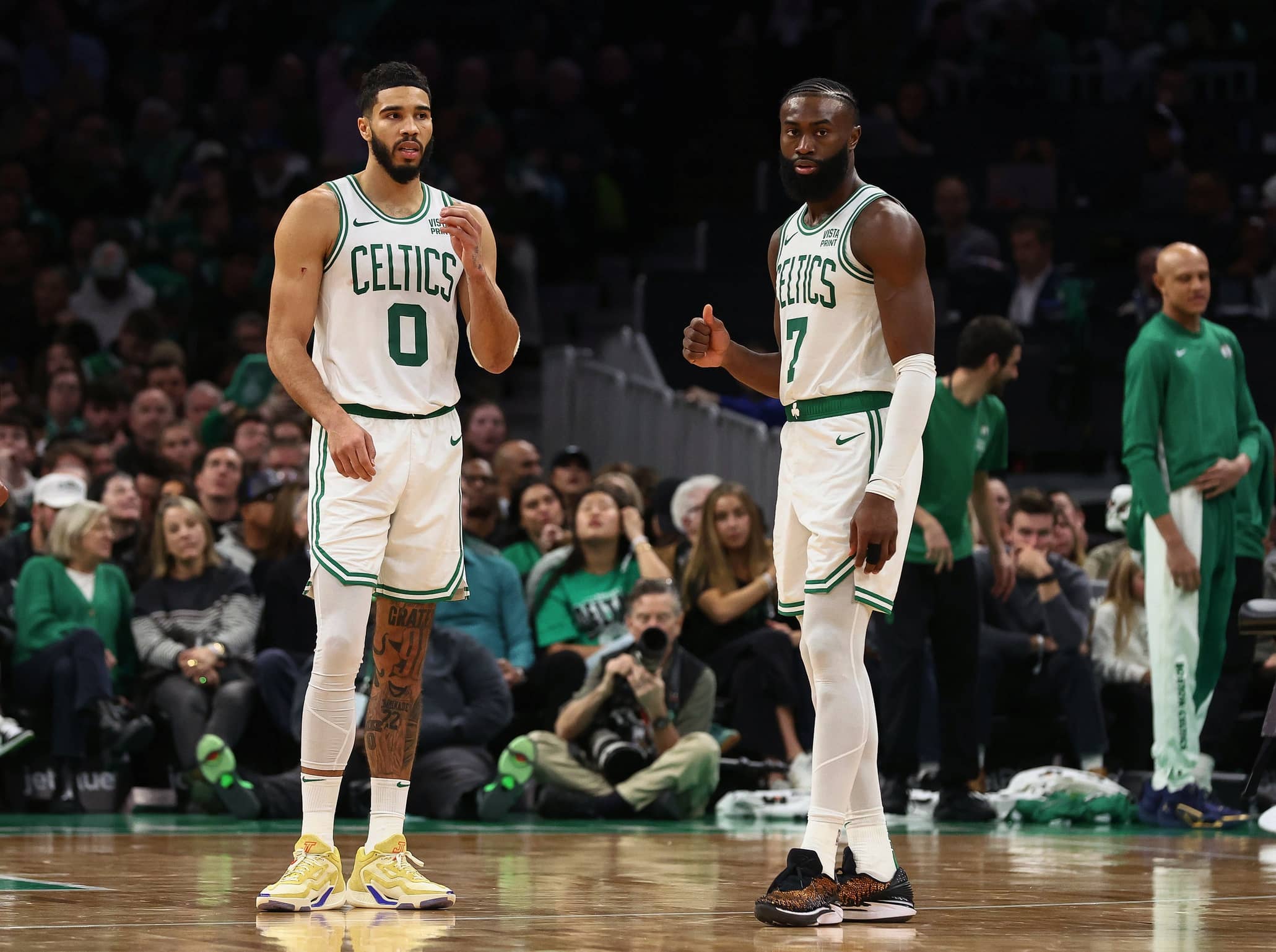 Boston Celtics forward Jayson Tatum (0) and guard Jaylen Brown (7) during the second half against the Atlanta Hawks at TD Garden. Mandatory Credit: Winslow Townson-Imagn Images
