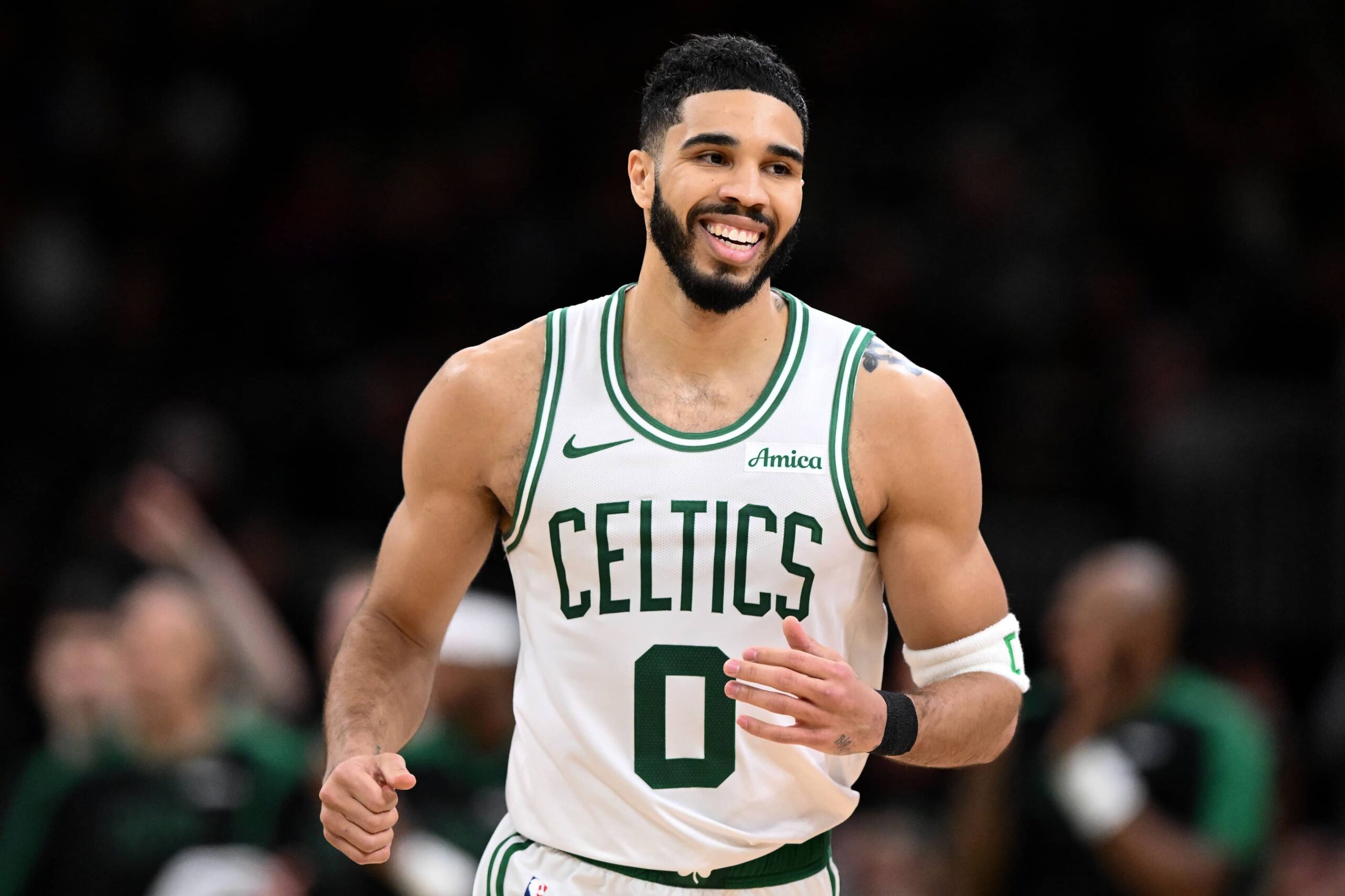 Celtics forward Jayson Tatum reacts during the second quarter of a game against the Los Angeles Lakers at the TD Garden